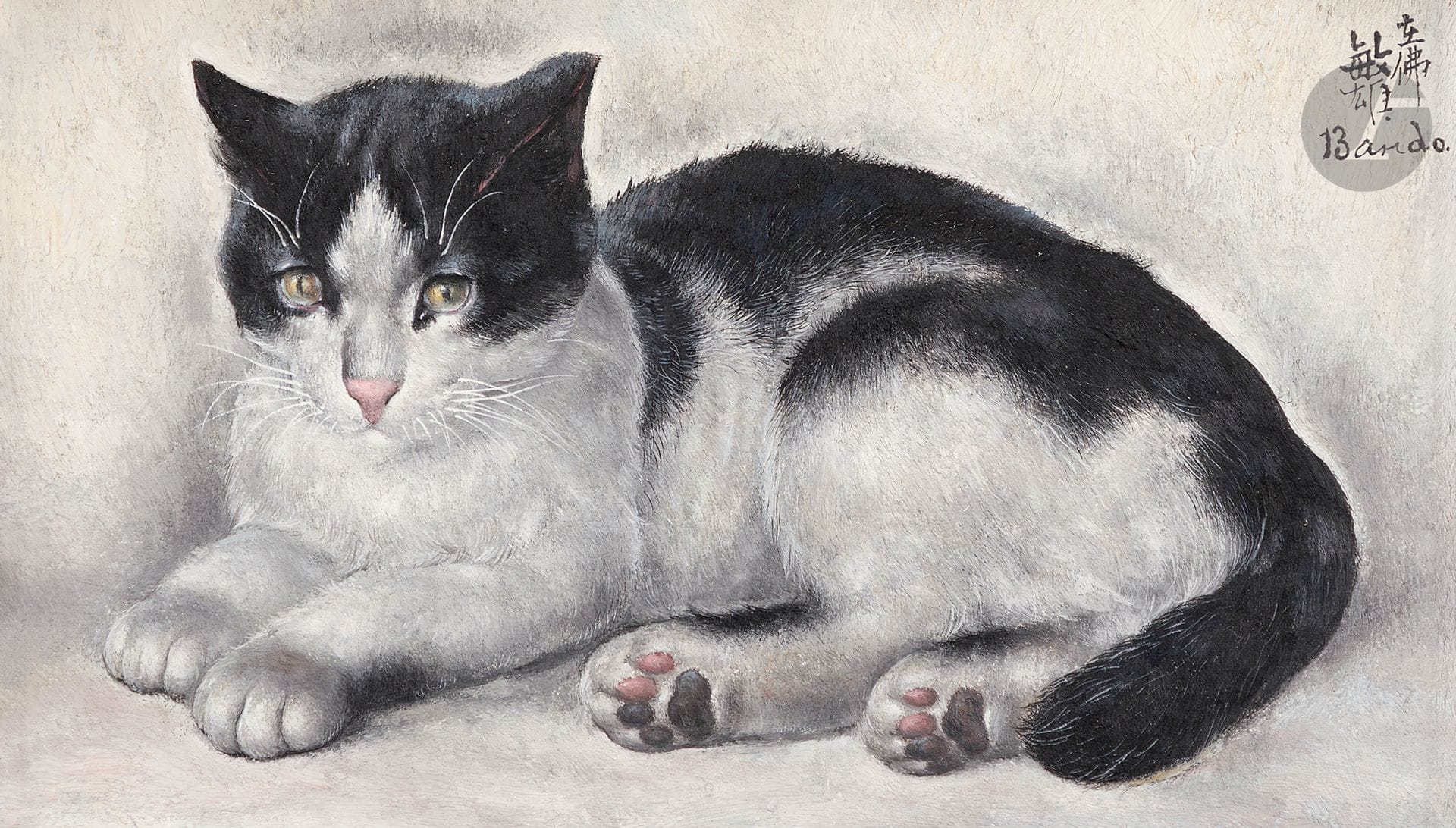 Toshio BANDO [japonais] (1895-1973)
Le Chat noir et blanc, 1926
Huile sur toile.
Signée en haut à droite.
16 x 27 cm

L'œuvre pourrait correspondre dans le facturier de l'artiste au n° 324, "Chat noir blanc".