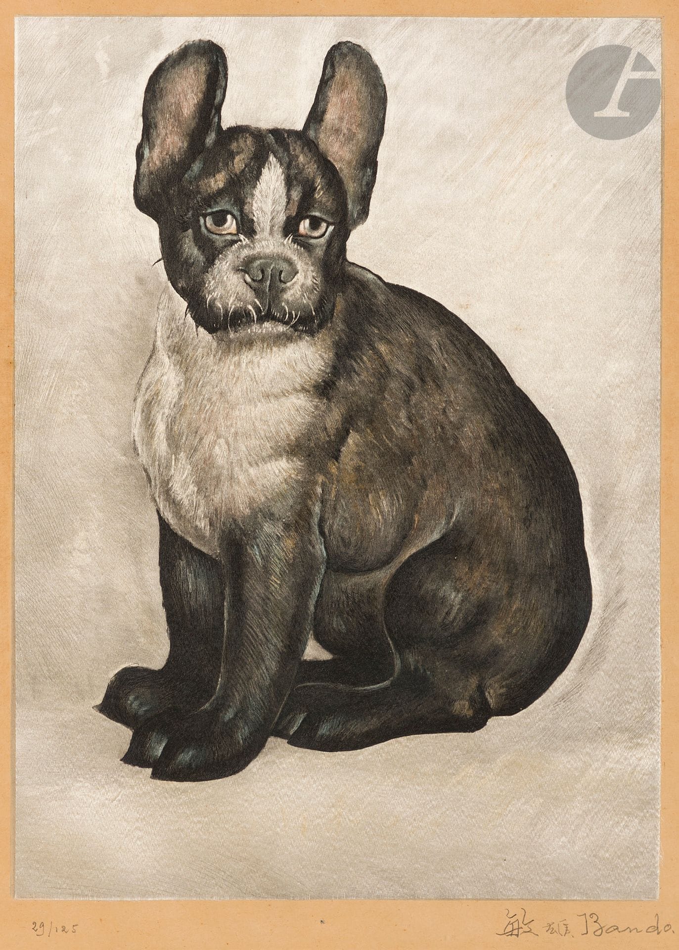 Toshio BANDO [japonais] (1895-1973)
Petit chien assis, vers 1926-1930
Épreuve en couleur sur soie appliquée sur japon fort.
Signée en bas à droite.
Numérotée "29/125" en bas à gauche.
Éditions Apollo, Paris.
36 x 27 cm