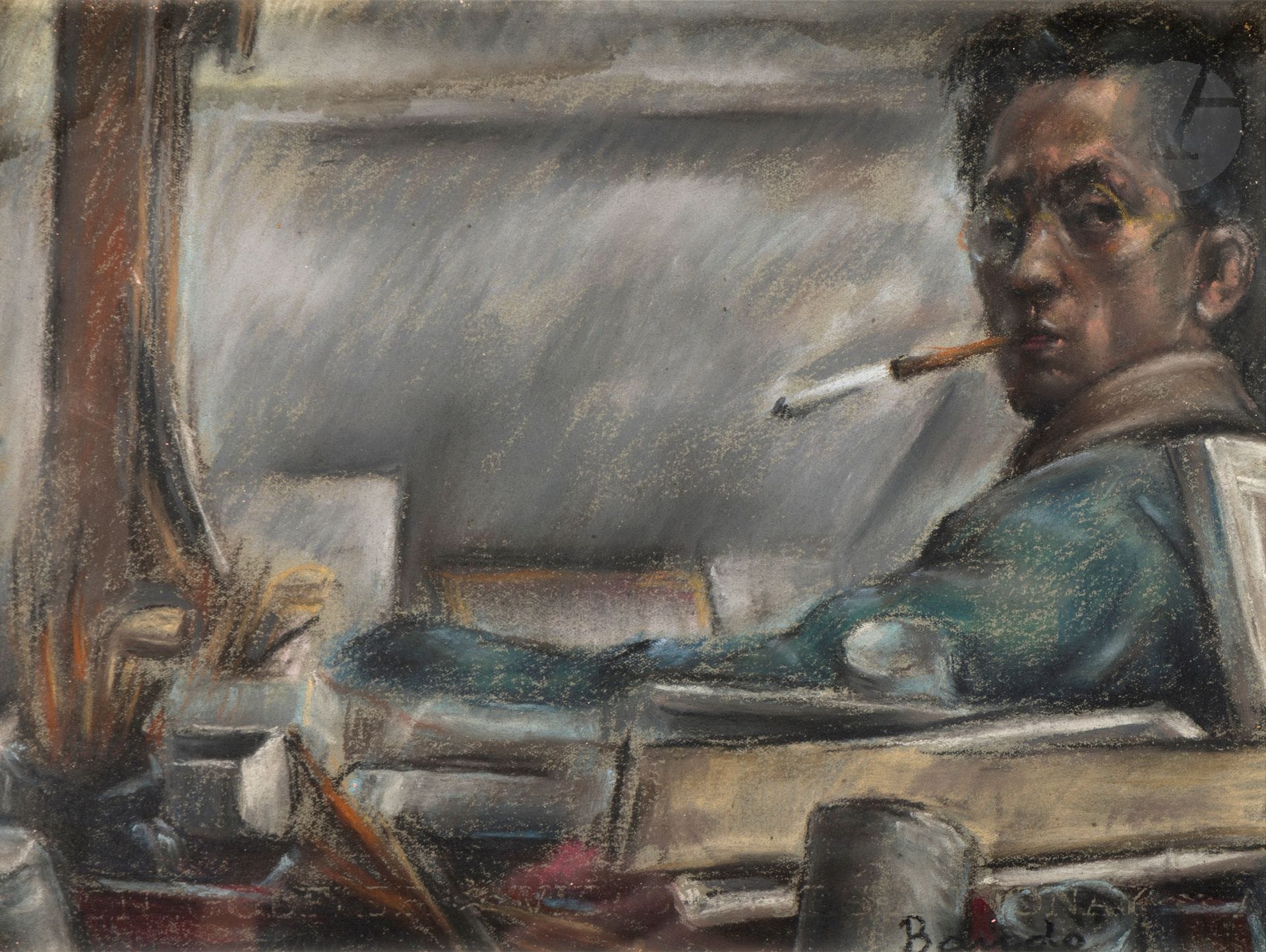 Toshio BANDO [japonais] (1895-1973)
Autoportrait dans l'atelier et au fume-cigarette, vers 1925
Pastel.
Signé en bas à droite.
23 x 30 cm