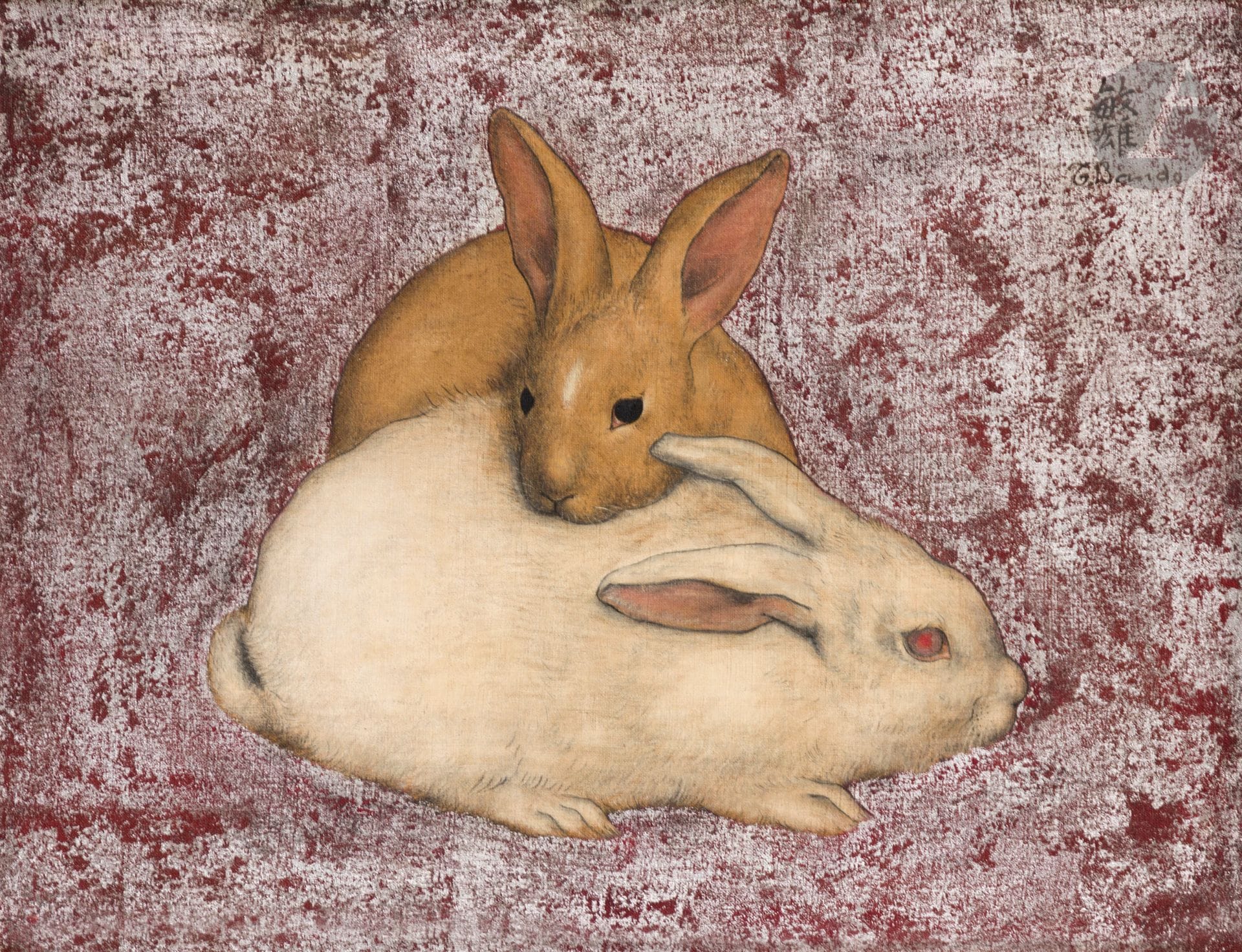 Toshio BANDO [japonais] (1895-1973)
Les Deux lapins, 1925
Huile et feuille d'argent sur toile et encre.
Signée en haut à droite.
27 x 35 cm

L'œuvre pourrait correspondre dans le facturier de l'artiste au n° 96, "Lapins fond argent".