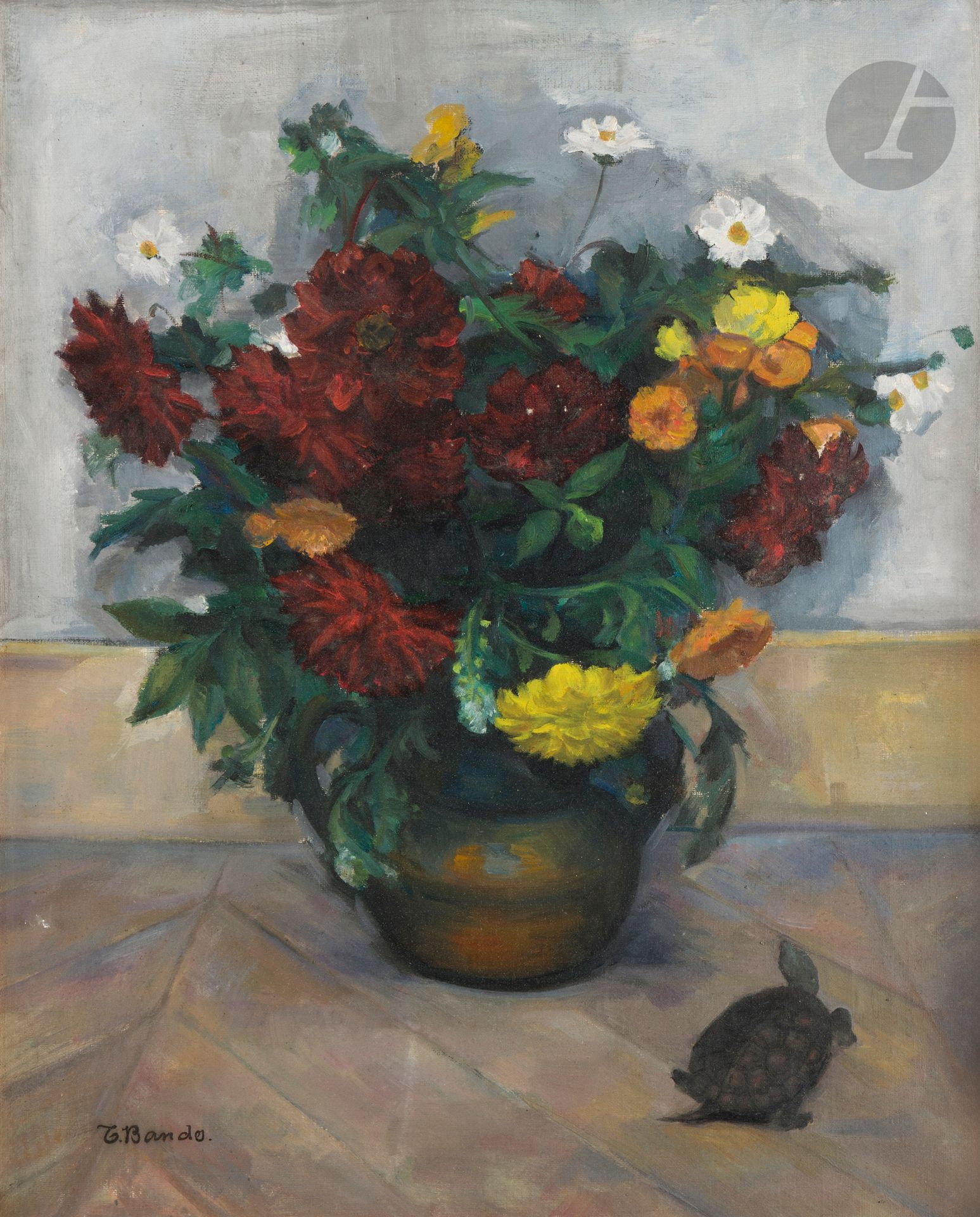 Toshio BANDO [japonais] (1895-1973)
Vase de fleurs à la tortue, vers 1924
Huile sur toile.
Signée en bas à gauche.
61 x 50 cm