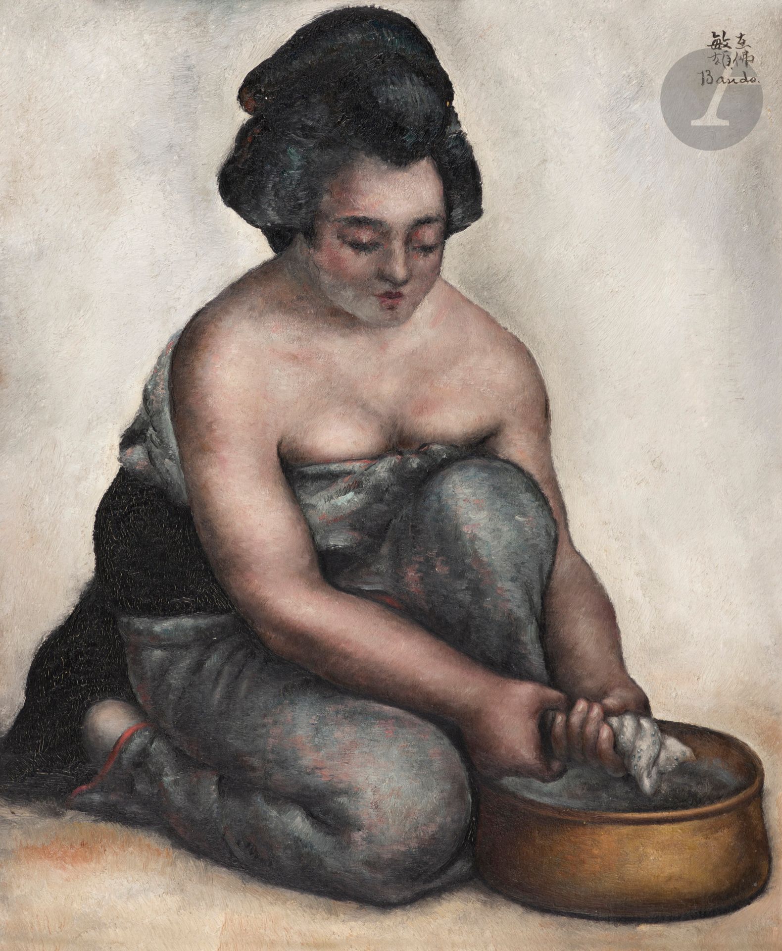 Toshio BANDO [japonais] (1895-1973)
Japonaise à la toilette, 6 novembre 1924
Huile sur toile.
Signée en haut à droite.
46 x 38 cm

L'œuvre est référencée dans le facturier de l'artiste sous le n° 50, "Japonaise nue avec baquet".