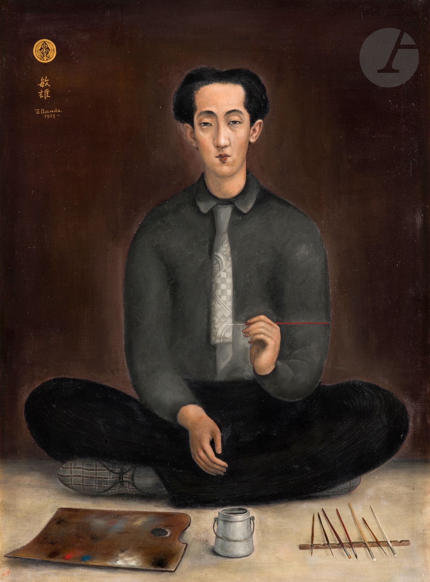 Toshio BANDO [Japanese] (1895-1973)
Self-Portrait with Brushes or Buddha Composition, April 25, 1925
Oil on canvas.
Signed and dated upper left in gold paint, accompanied by the Kamon, traditional emblem of the Bando family.
61 x 46 cm

The work is referenced in the artist's bill of sale under no. 62, "Portrait Toshio - Composition Boudha" [sic].