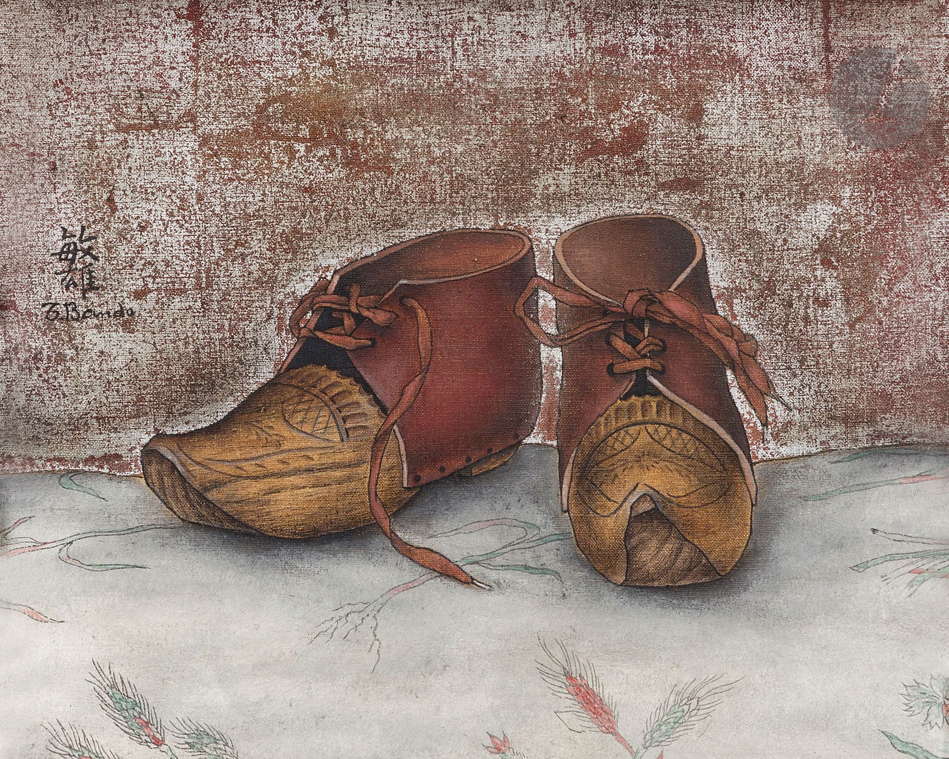 Toshio BANDO [Japanese] (1895-1973)
Sabots fond argent, October 27, 1925
Oil on canvas and ink.
Signed upper left.
22 x 27 cm

The work is referenced in the artist's bill of sale under no. 94, "Sabots fond argent".

Provenance :
Succession Frédéric Mallet, Deuxième vente, Me Ader, Hôtel Drouot, Paris, February 14, 1938, no. 49, presented under the title "La paire de sabots".