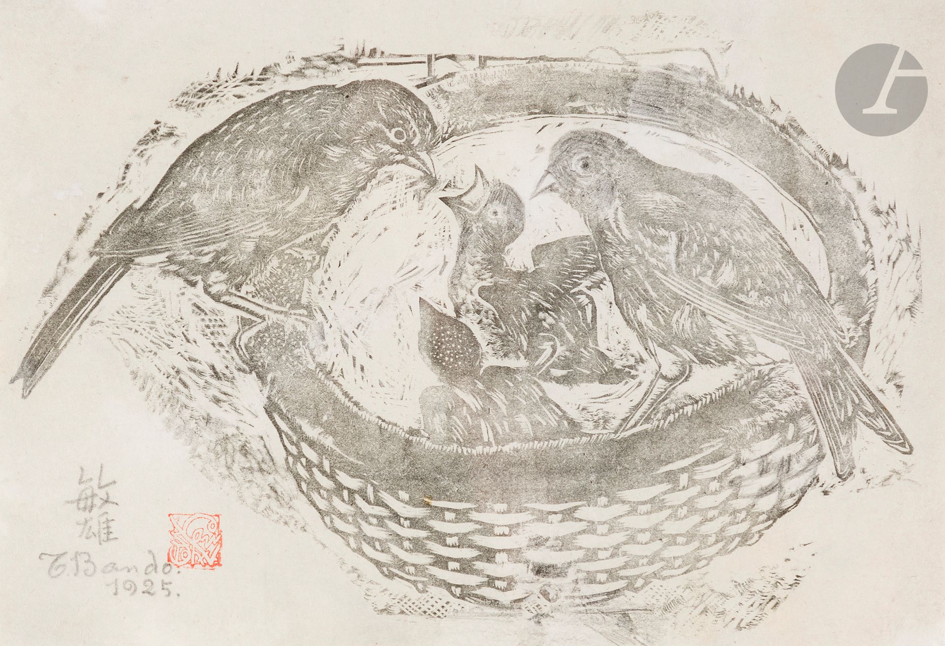 Toshio BANDO [Japanese] (1895-1973)
Chicks in the nest, 1927
Woodcut.
Signed and dated lower left. 
His red stamp lower left.
16 x 23 cm