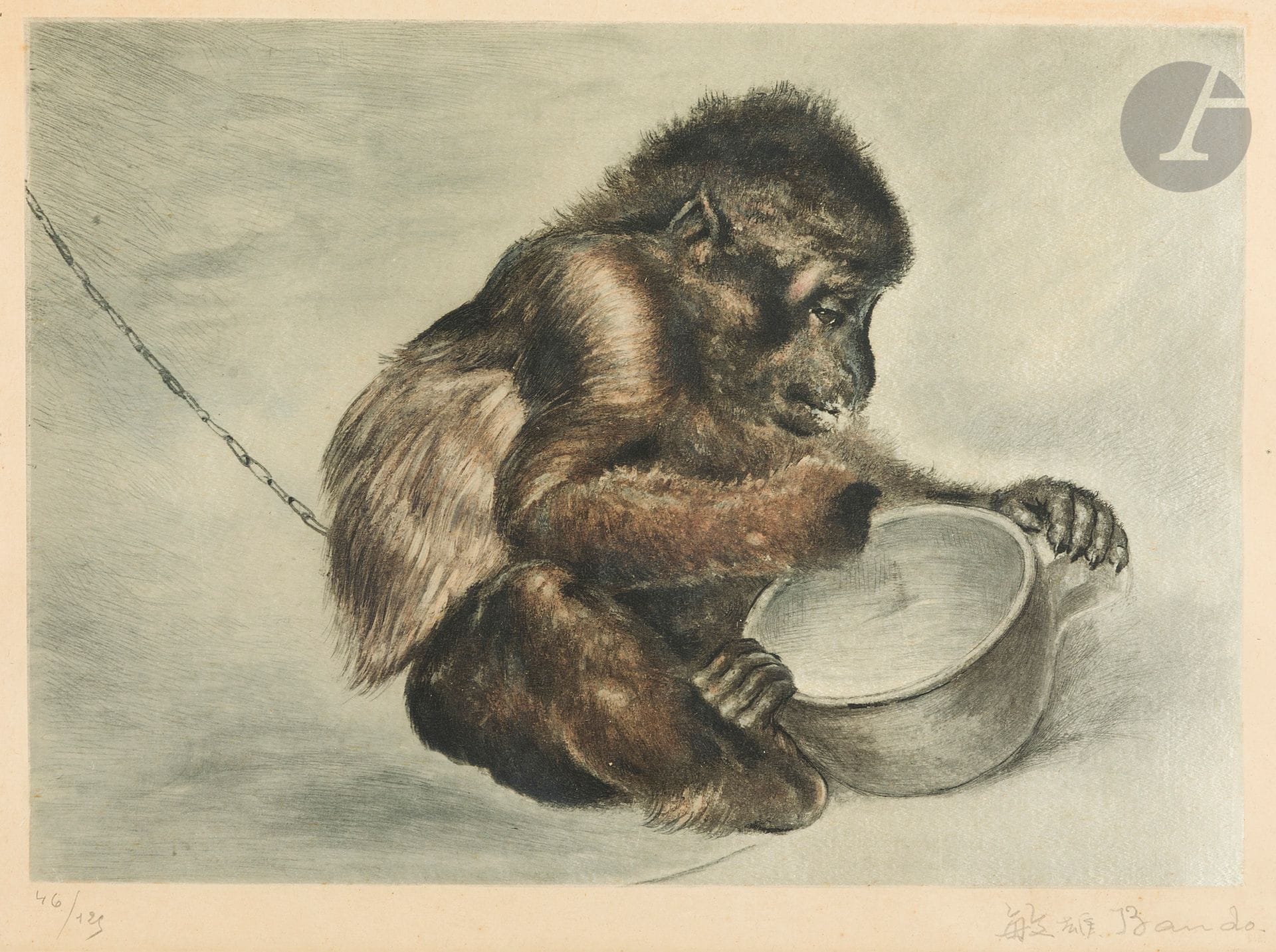 Toshio BANDO [japonais] (1895-1973)
Singe à l'écuelle, vers 1926-1930
Eau-forte et pointe sèche sur soie contrecollée sur papier.
Signée en bas à droite. 
Numérotée "46/125" en bas à gauche.
Éditions Apollo, Paris.
24,5 x 33,5 cm