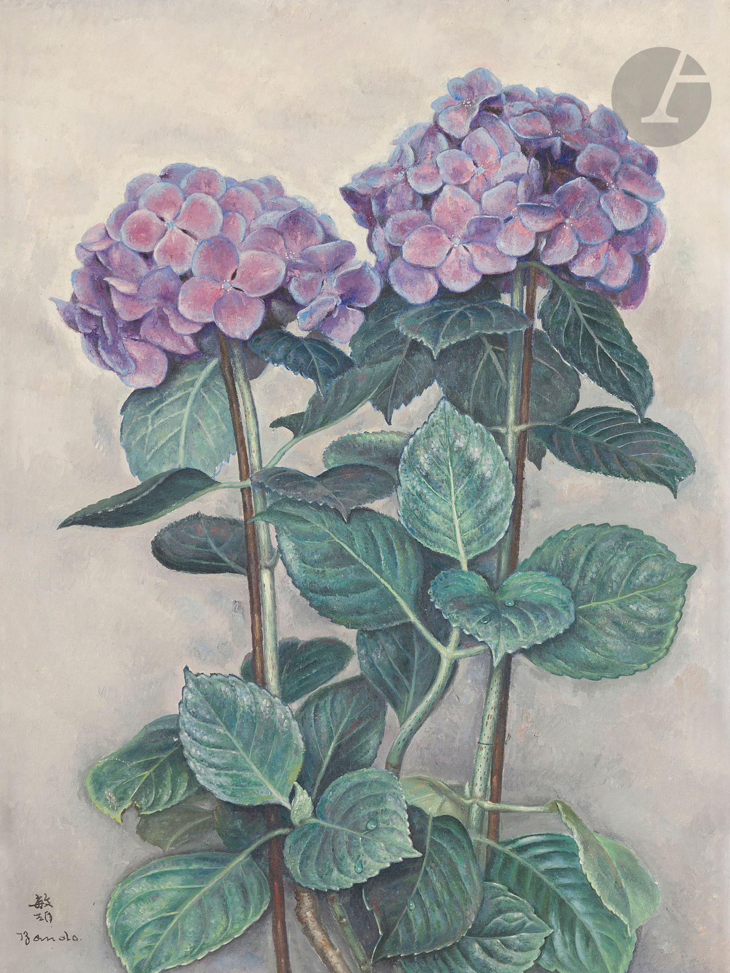 Toshio BANDO [Japanese] (1895-1973)
Hydrangeas, circa 1930
Oil on canvas.
Signed lower left.
61 x 46 cm