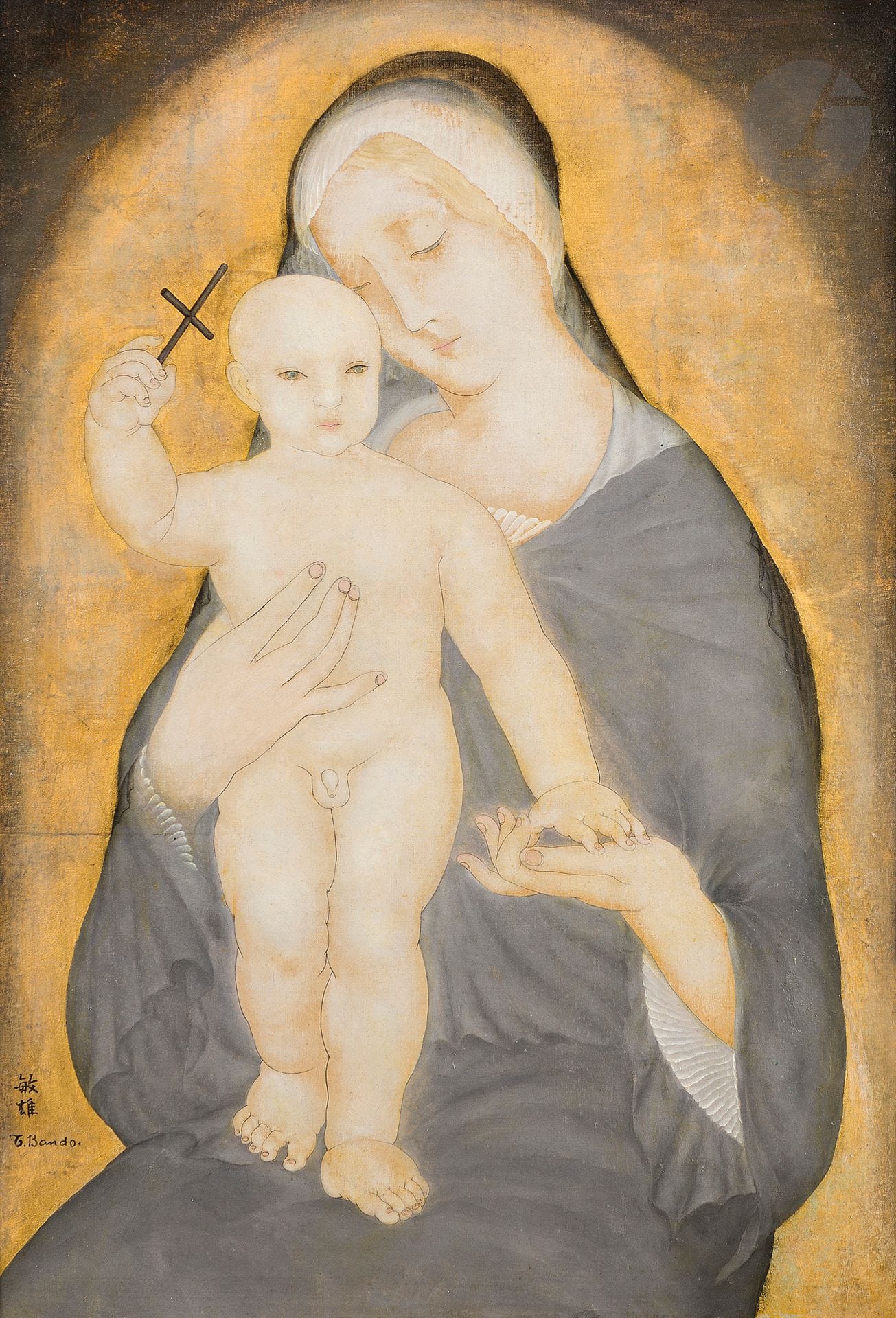 Toshio BANDO [japonais] (1895-1973)
Vierge à l'enfant, 5 juillet 1924
Huile sur toile.
Signée en bas à gauche.
73 x 50 cm

L'œuvre est référencée dans le facturier de l'artiste sous le n° 13, "Madone".