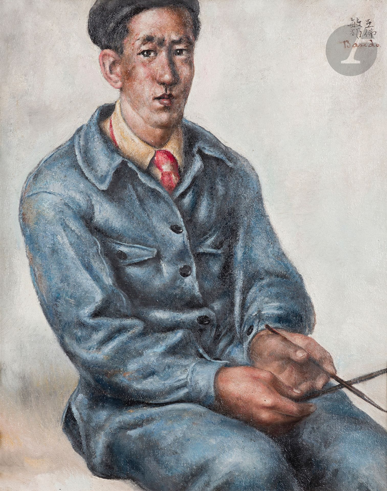 Toshio BANDO [Japanese] (1895-1973)
Self-portrait with two brushes, September 11, 1928
Oil on canvas.
Signed upper right.
43 x 33 cm

The work is referenced in the artist's bill of sale under no. 635, "Toshio en combinaison bleue".