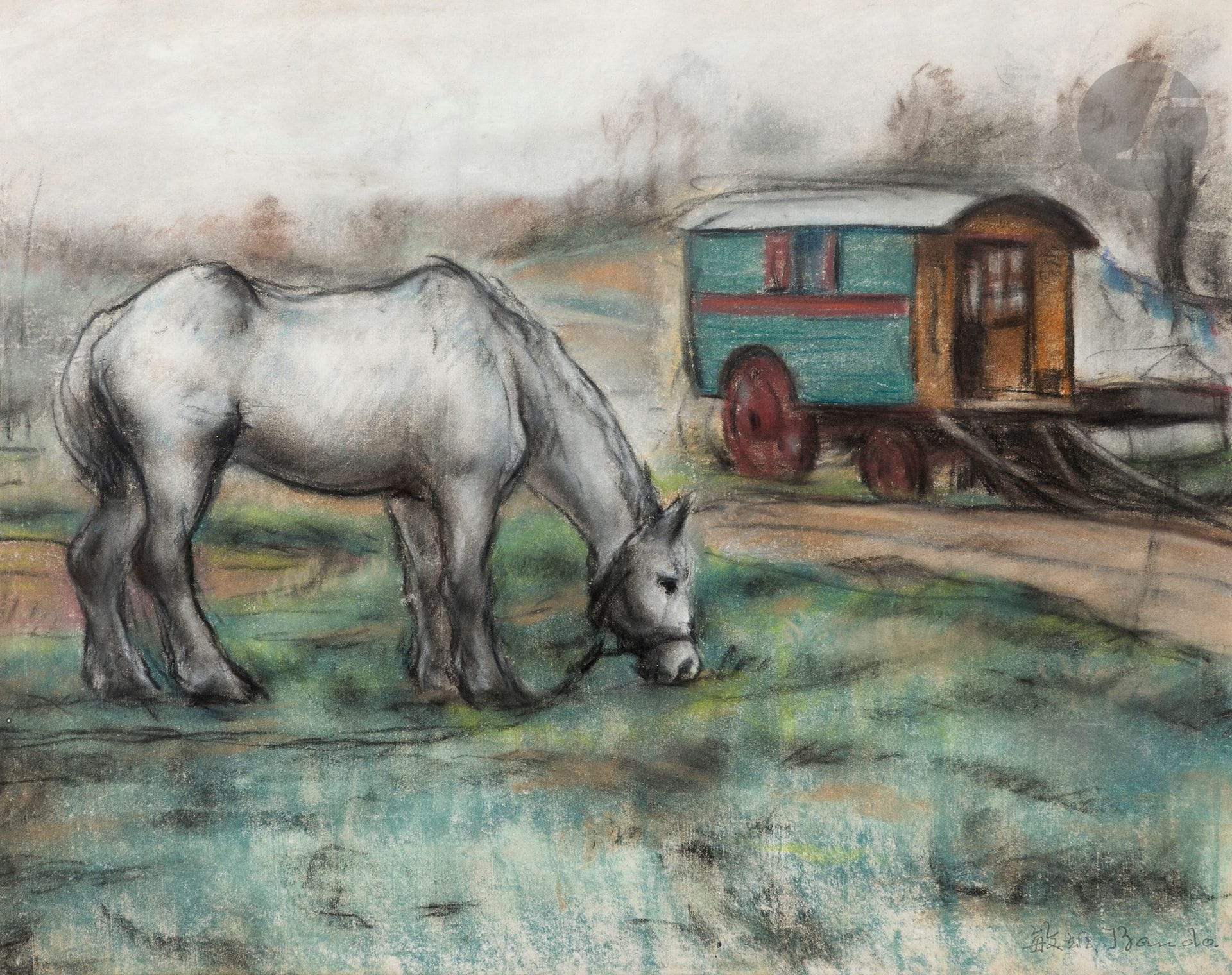 Toshio BANDO [japonais] (1895-1973)
Cheval au pré et roulotte, vers 1927
Pastel.
Signé en bas à droite.
(Épidermures).
34 x 43 cm