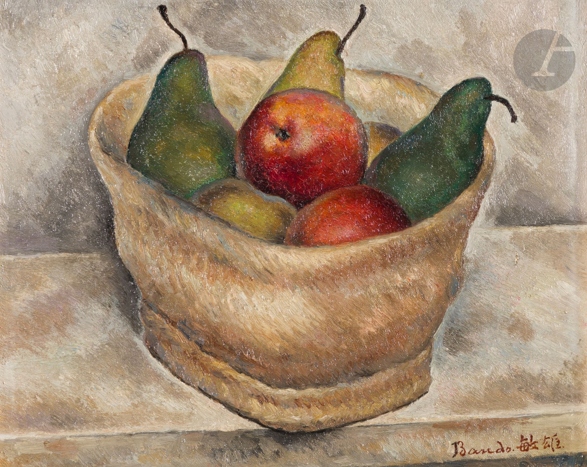 Toshio BANDO [japonais] (1895-1973)
Nature morte aux pommes et aux poires, vers 1926
Huile sur toile.
Signée en bas à droite.
22 x 27 cm

L'œuvre pourrait correspondre dans le facturier de l'artiste au n° 268, "Poires verte et jaune, pomme".