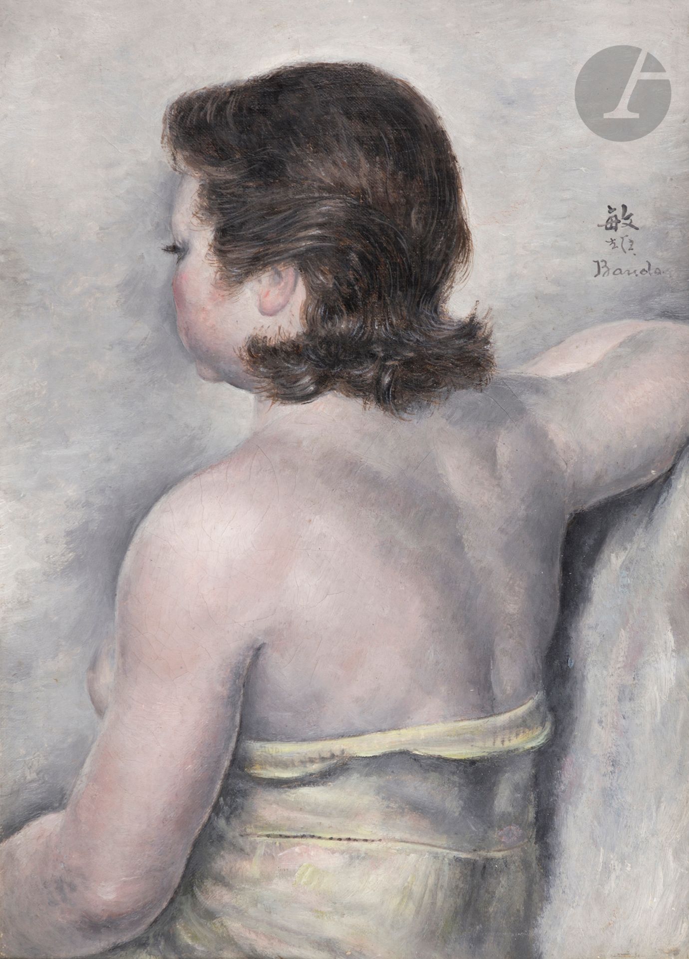 Toshio BANDO [japonais] (1895-1973)
Portrait de jeune femme trois-quarts dos, vers 1926
Huile sur toile.
Signée en haut à droite. 
(Craquelures et léger enfoncement vers le bord supérieur).
33 x 24 cm