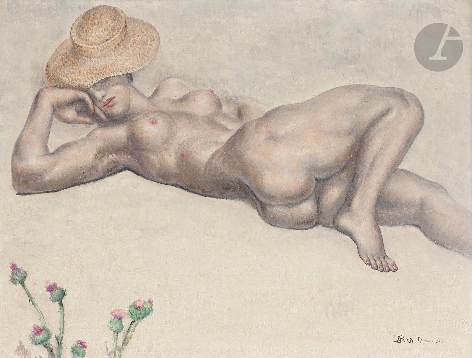Toshio BANDO [Japanese] (1895-1973)
Reclining nude with hat, circa 1930-1935
Oil on canvas.
Signed lower right.
38 x 55 cm