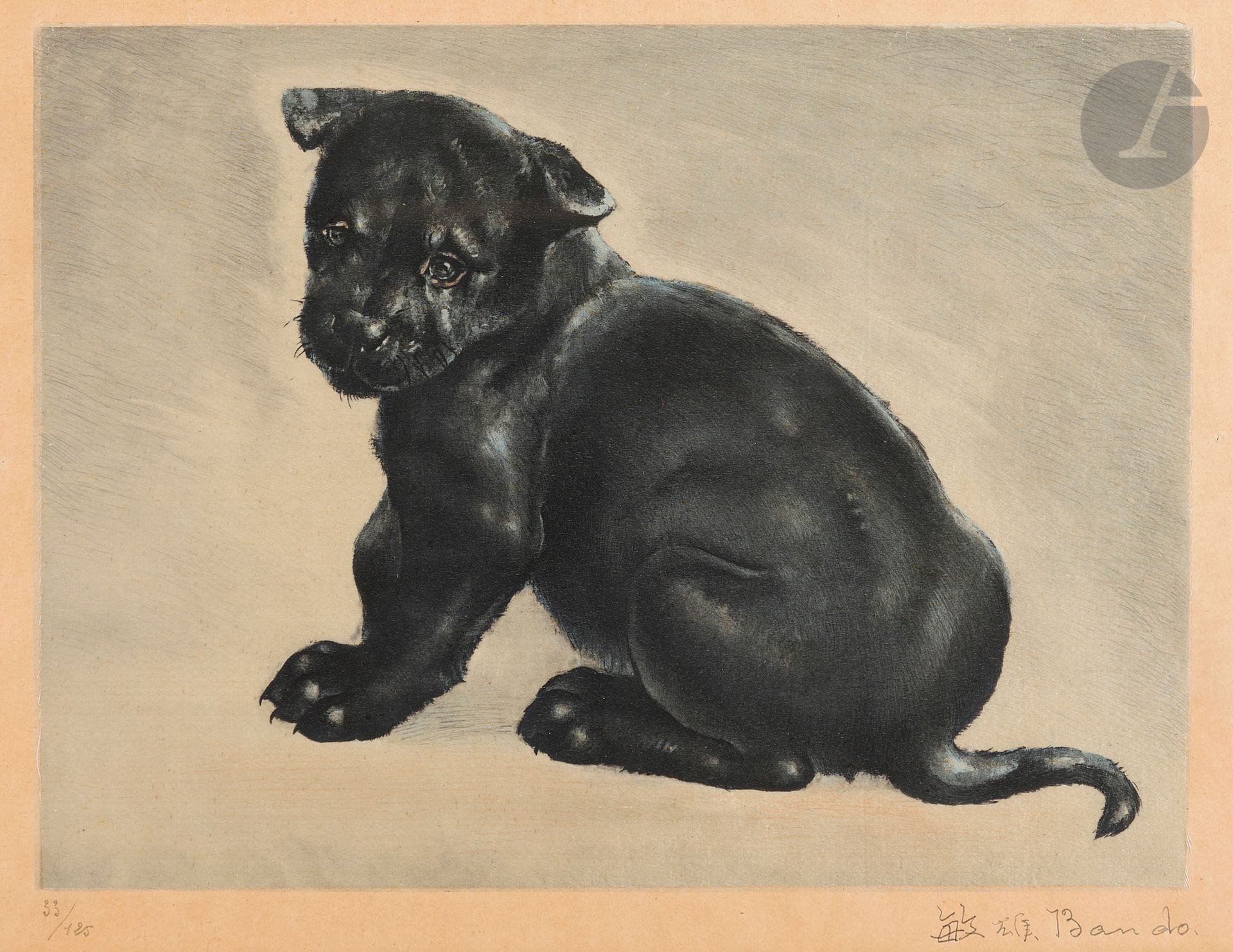 Toshio BANDO [japonais] (1895-1973)
Le Chiot noir, vers 1926-1930
Épreuve en couleur sur soie appliquée sur japon fort.
Signée en bas à droite. 
Numérotée "33/125" en bas à gauche. 
Éditions Apollo, Paris.
28 x 36 cm