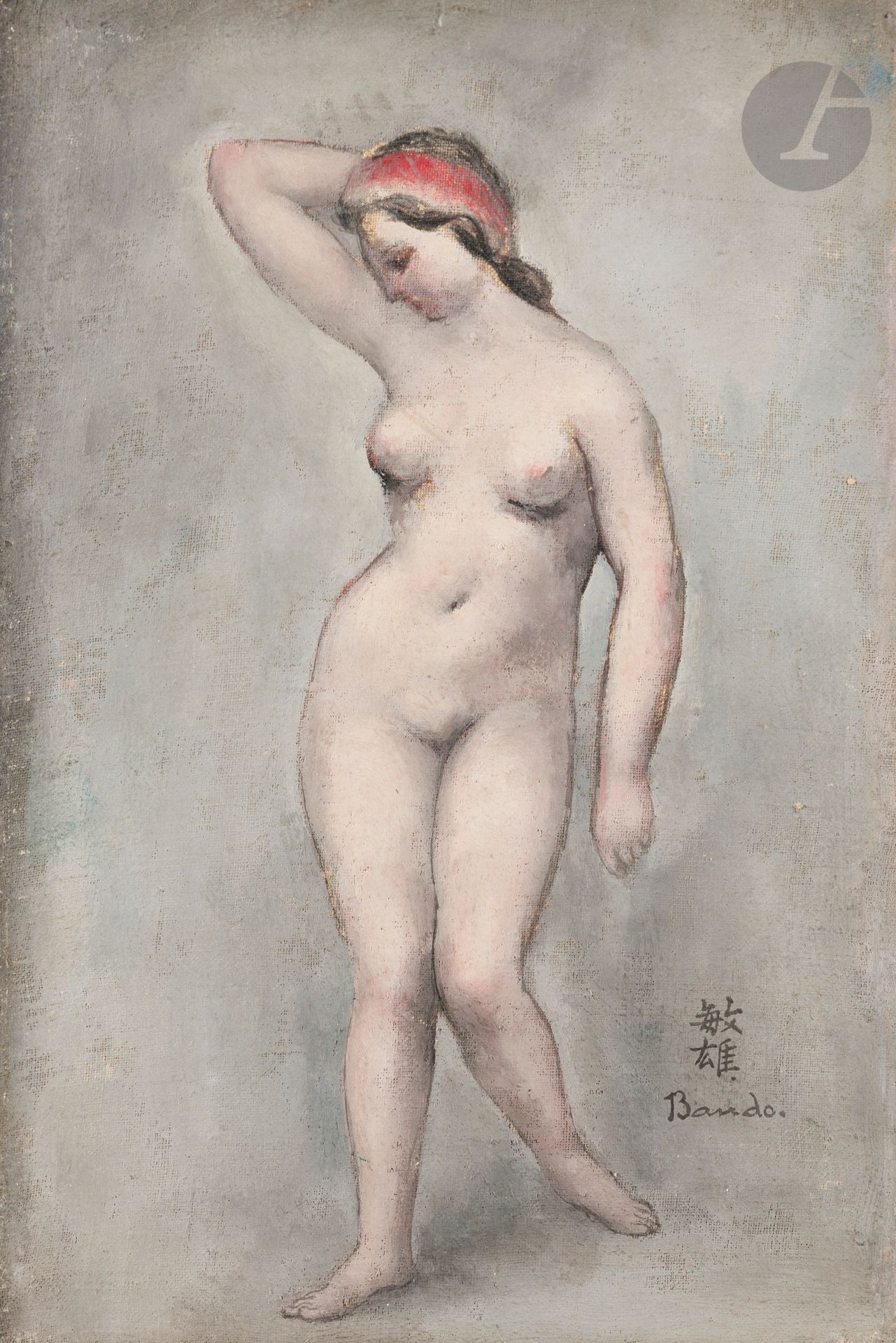 Toshio BANDO [Japanese] (1895-1973)
Bather with red headband, circa 1925
Oil on canvas.
Signed lower right.
24 x 16 cm