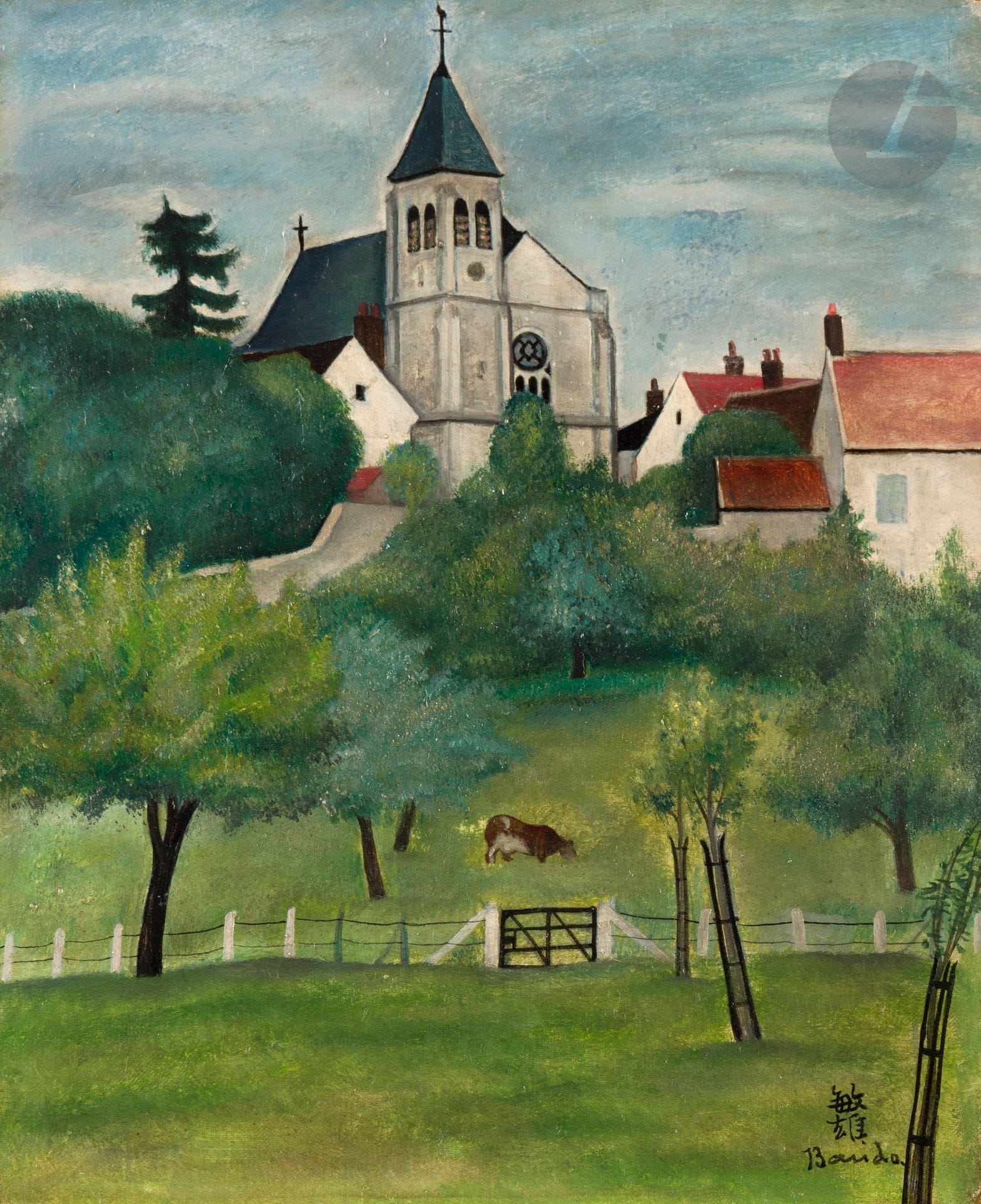 Toshio BANDO [japonais] (1895-1973)
L'Église Notre-Dame-des-Champs de Maffliers, 23 juillet 1926
Huile sur toile.
Signée en bas à droite.
24 x 20 cm

L'œuvre est référencée dans le facturier de l'artiste sous le n° 246, "L'église de Maffliers".