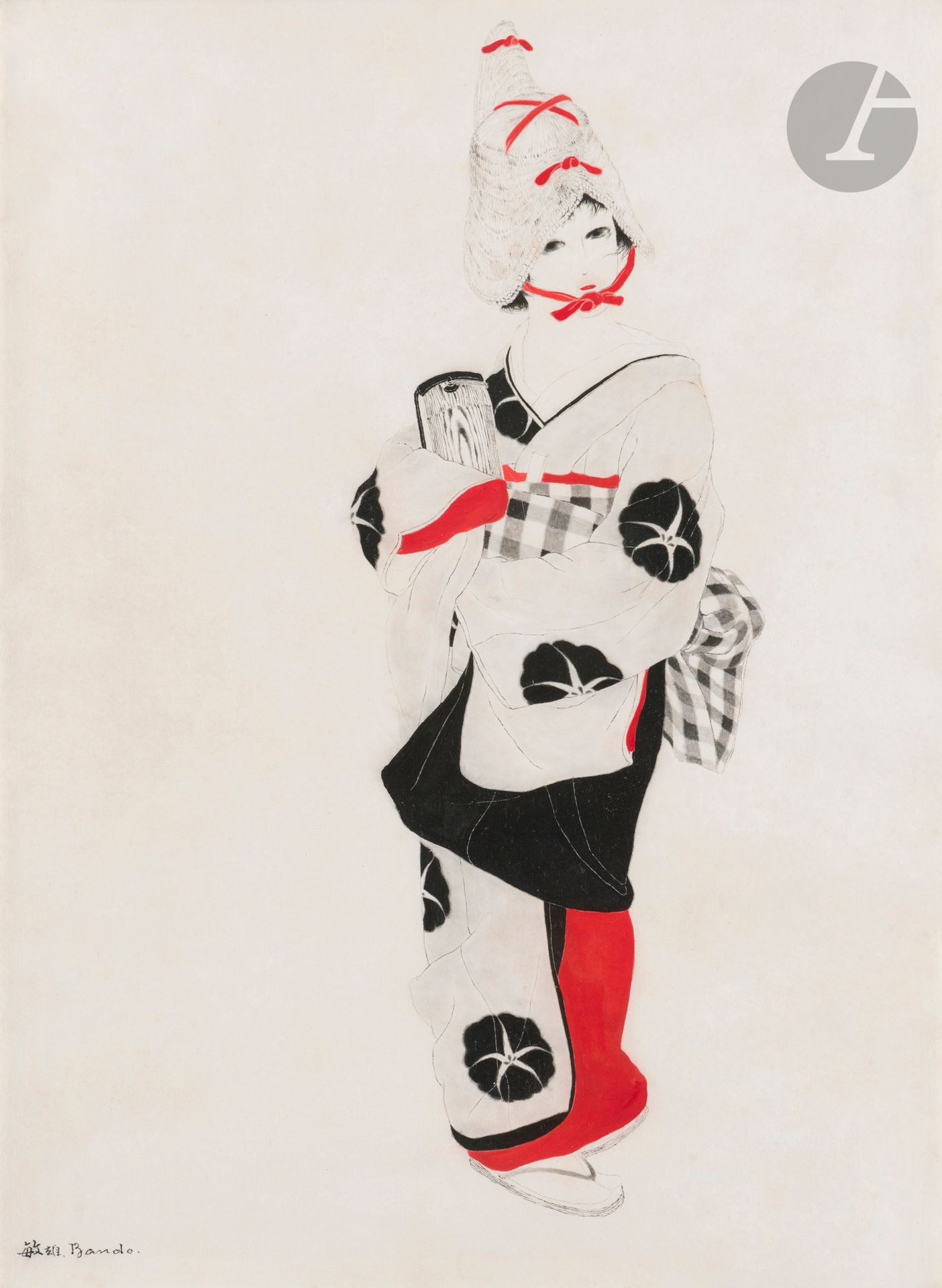 Toshio BANDO [japonais] (1895-1973)
La Japonaise, vers 1925-1930
Encre de Chine et encre rouge.
Signée en bas à gauche.
47 x 35 cm

Provenance :
- Galerie Chéron, Paris. 
- Madame Bernard, directrice de la galerie Chéron. Par succession, son fils le Docteur Jarrige.