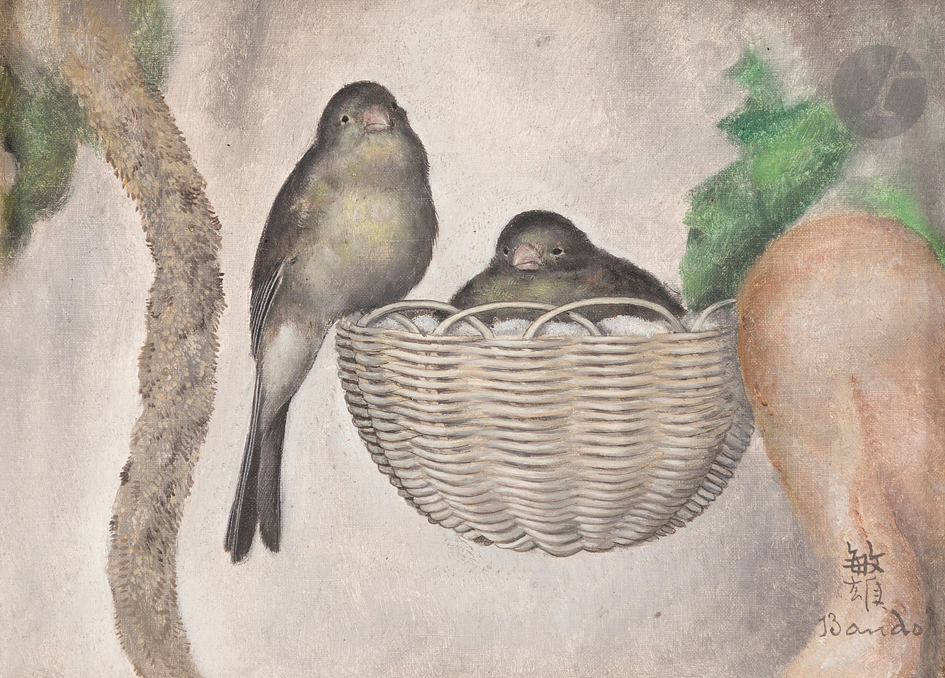Toshio BANDO [japonais] (1895-1973)
Deux oiseaux au nid, vers 1926
Huile sur toile.
Signée en bas à droite.
16 x 22 cm

Provenance :
Succession Frédéric Mallet, Deuxième vente, Me Ader, Hôtel Drouot, Paris, 14 février 1938, n° 54, présentée sous le titre "Couple de verdiers sur leur nid".