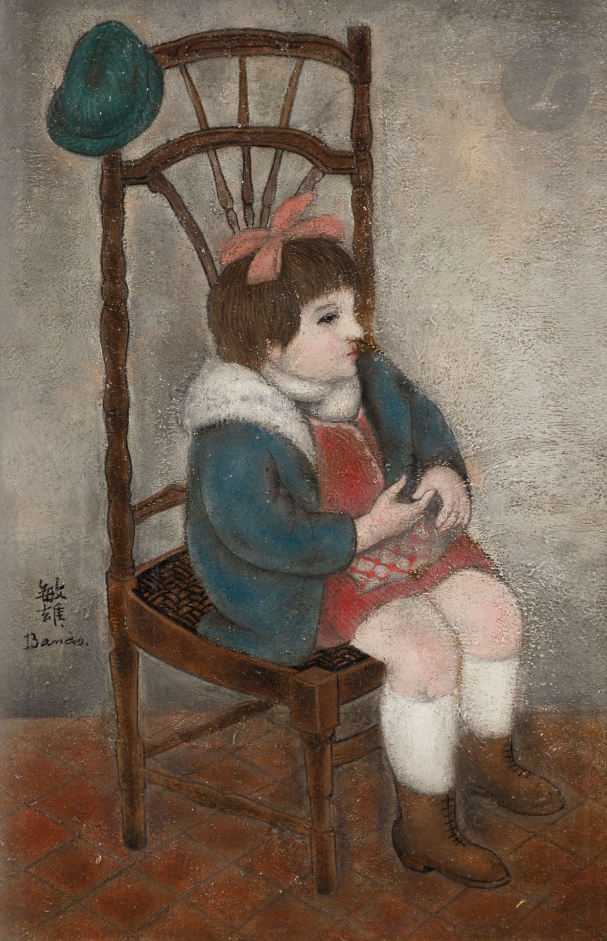 Toshio BANDO [japonais] (1895-1973)
Petite fille à la chaise, vers 1924
Huile sur toile.
Signée en bas à gauche.
22 x 14 cm