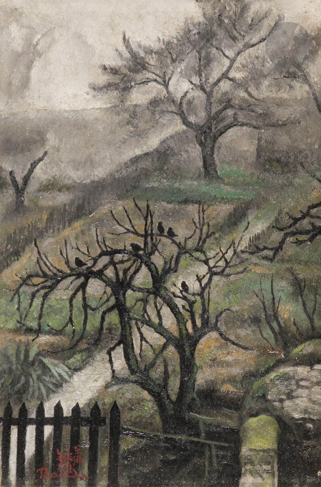 Toshio BANDO [japonais] (1895-1973)
Paysage de campagne à la barrière, vers 1926
Huile sur toile.
Signée en bas à gauche.
24 x 16 cm