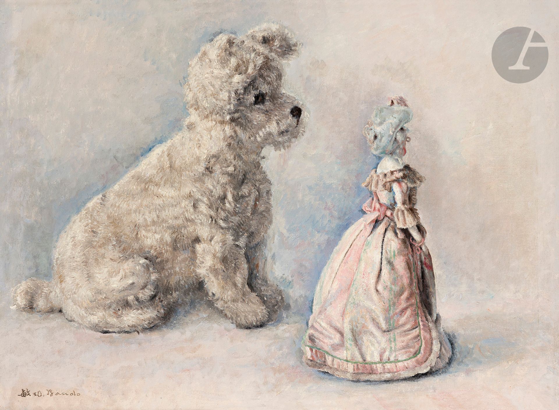 Toshio BANDO [japonais] (1895-1973)
Le Petit chien et la poupée, vers 1927
Huile sur toile.
Signée en bas à gauche.
46 x 61 cm
