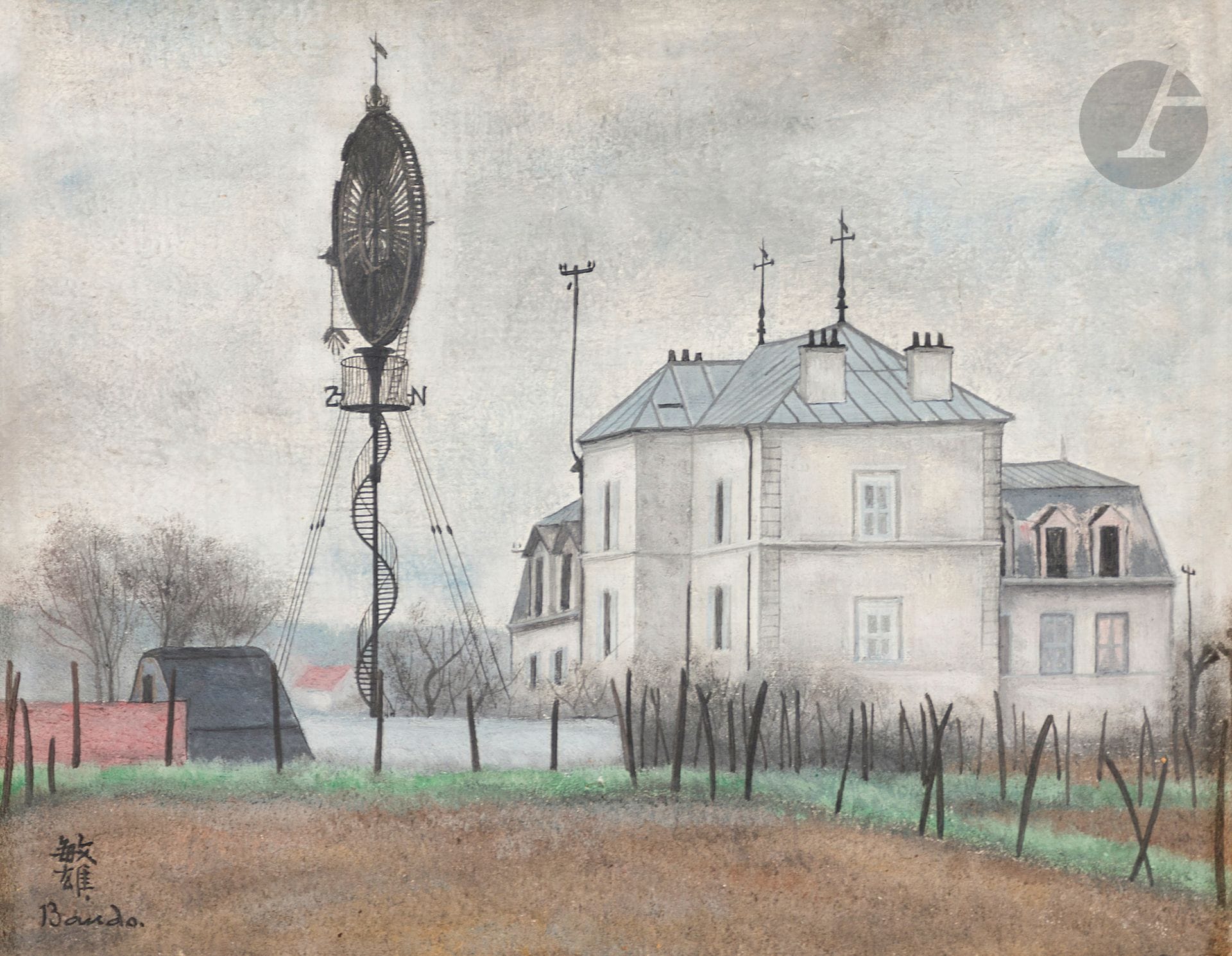 Toshio BANDO [japonais] (1895-1973)
L'Éolienne à Nogent-le-Phaye, près de Chartres, vers 1926
Huile sur toile.
Signée en bas à gauche.
24 x 19 cm