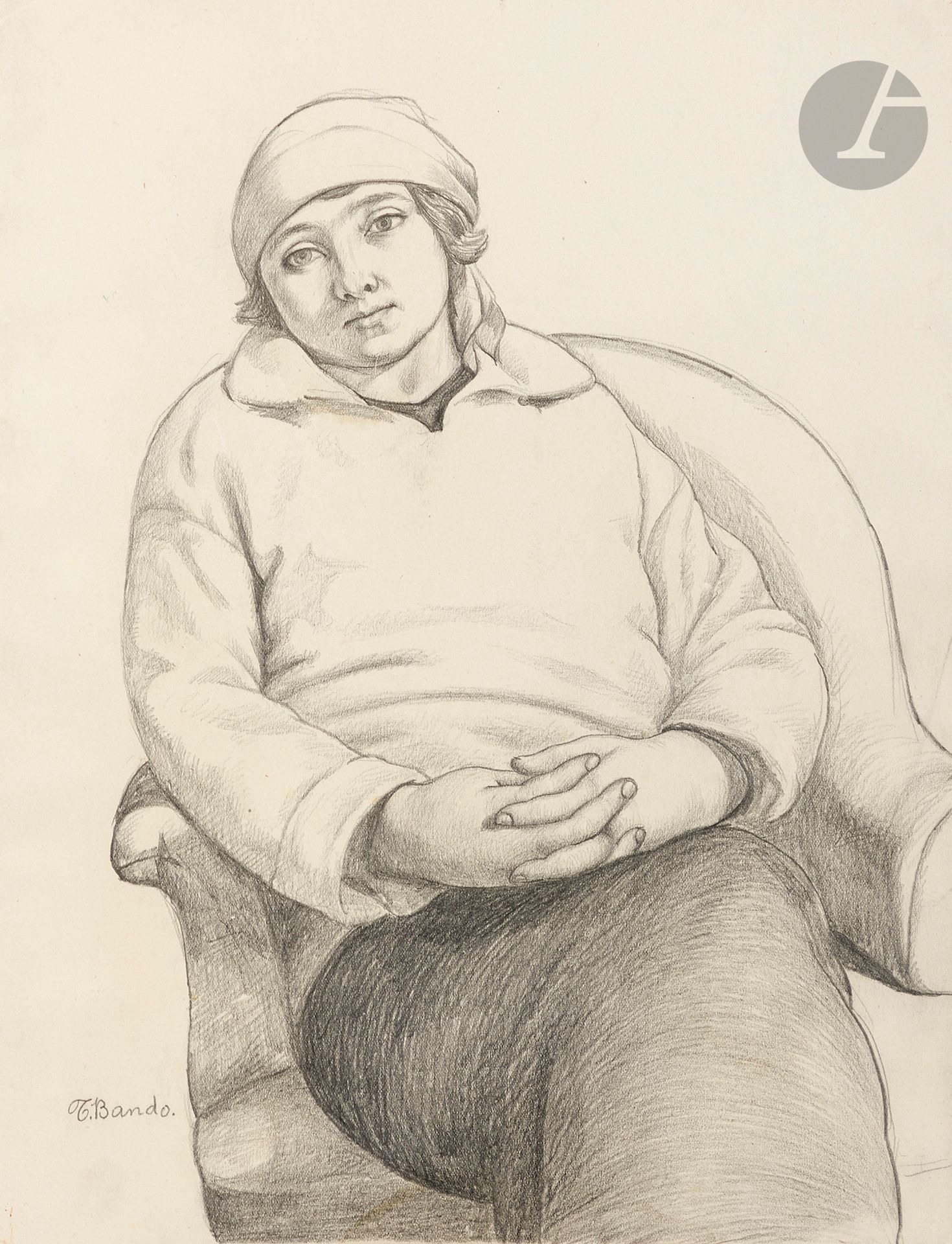 Toshio BANDO [japonais] (1895-1973)
Femme assise
Mine de plomb.
Signée en bas à gauche.
34 x 26 cm

Exposition : 
Musée des Beaux-Arts, ville de Gand, 1929 (étiquette en bas à droite sur le montage).