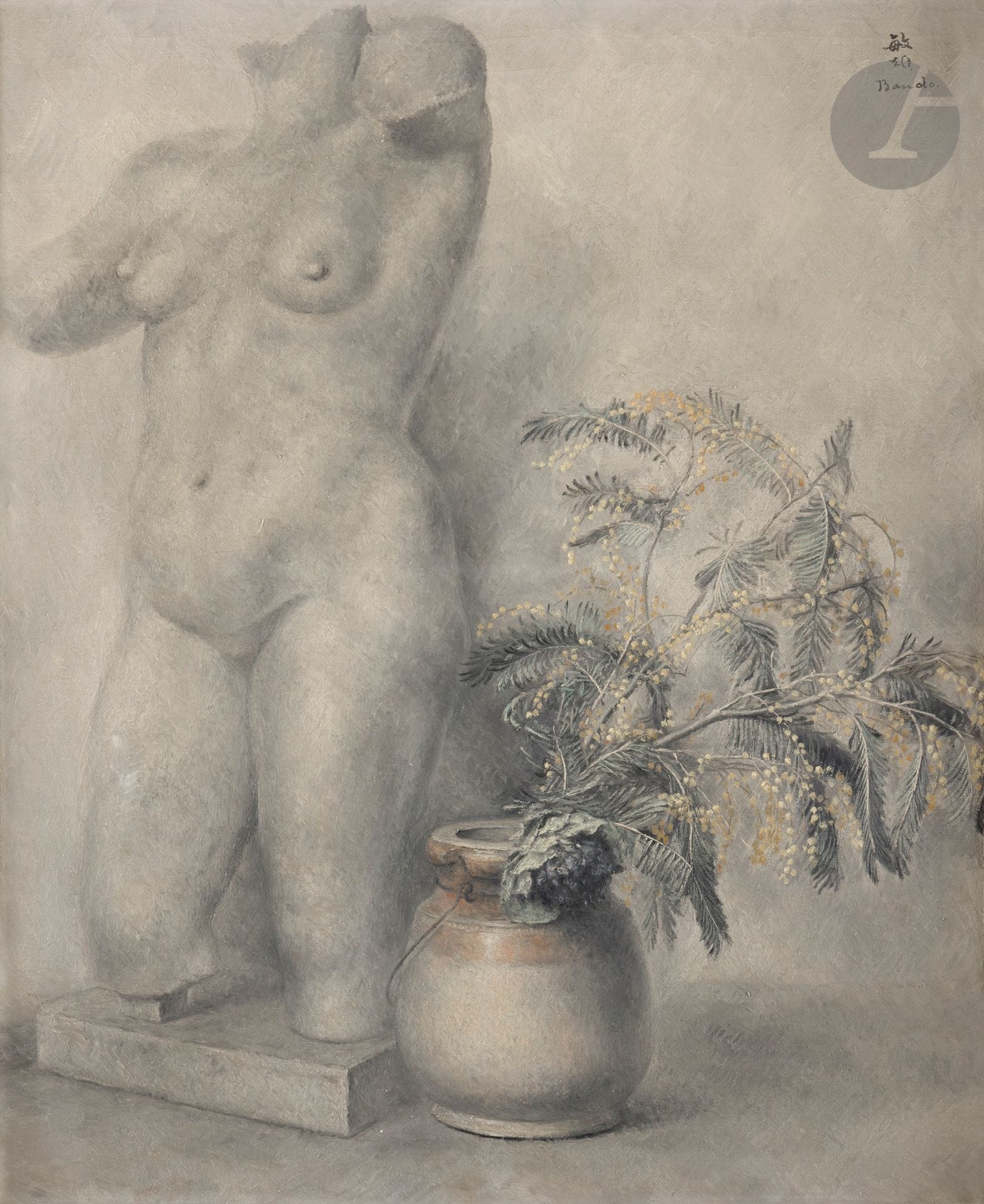 Toshio BANDO [japonais] (1895-1973)
Buste et mimosa dans un pot, vers 1926
Huile sur toile.
Signée en haut à droite.
73 x 60 cm