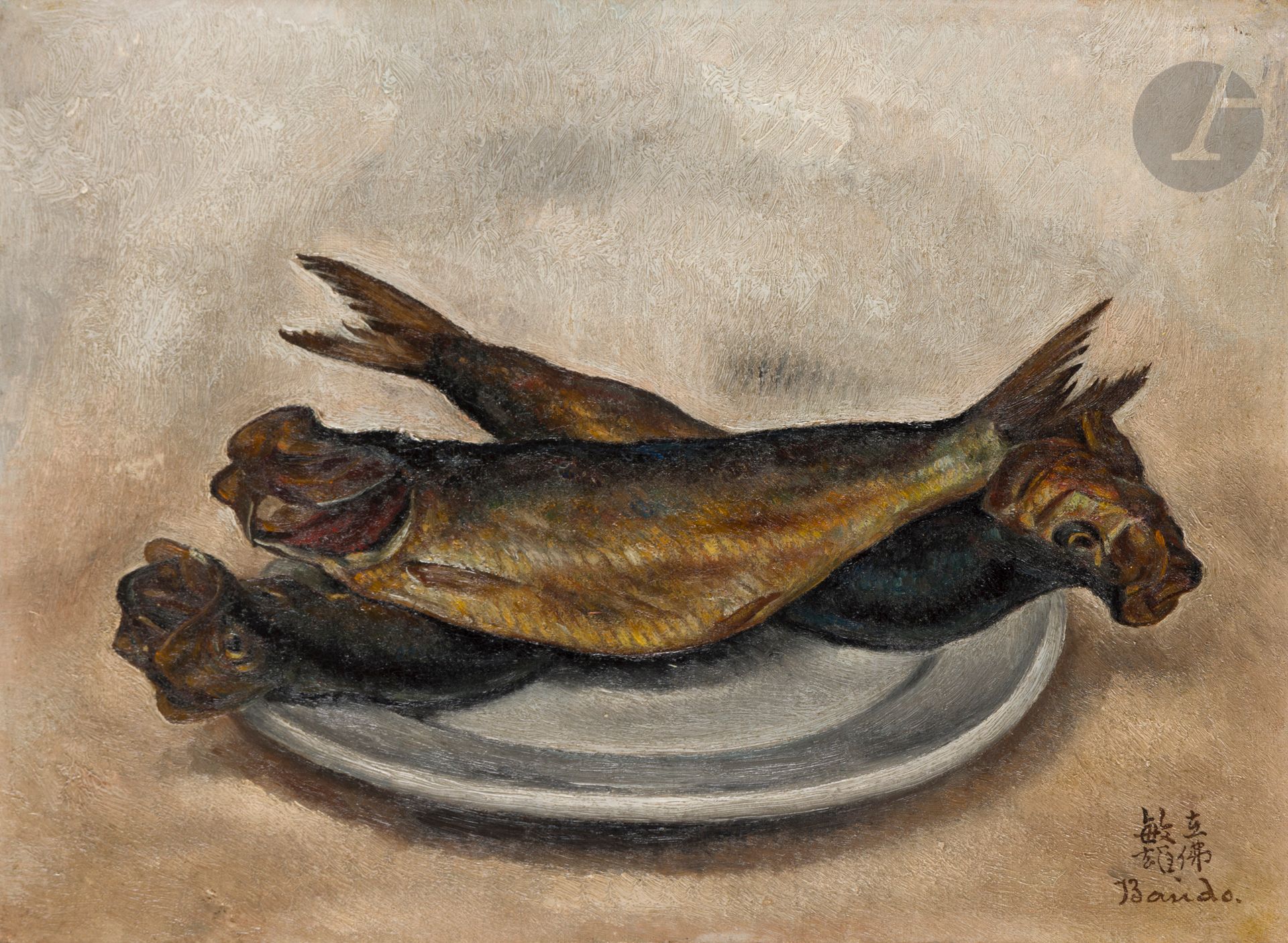 Toshio BANDO [japonais] (1895-1973)
Les Harengs saur, 1927
Huile sur toile.
Signée en bas à droite.
24 x 33 cm

L'œuvre fait partie d'une série référencée dans le facturier de l'artiste sous les n° 521 et 522, "Harengs saur".