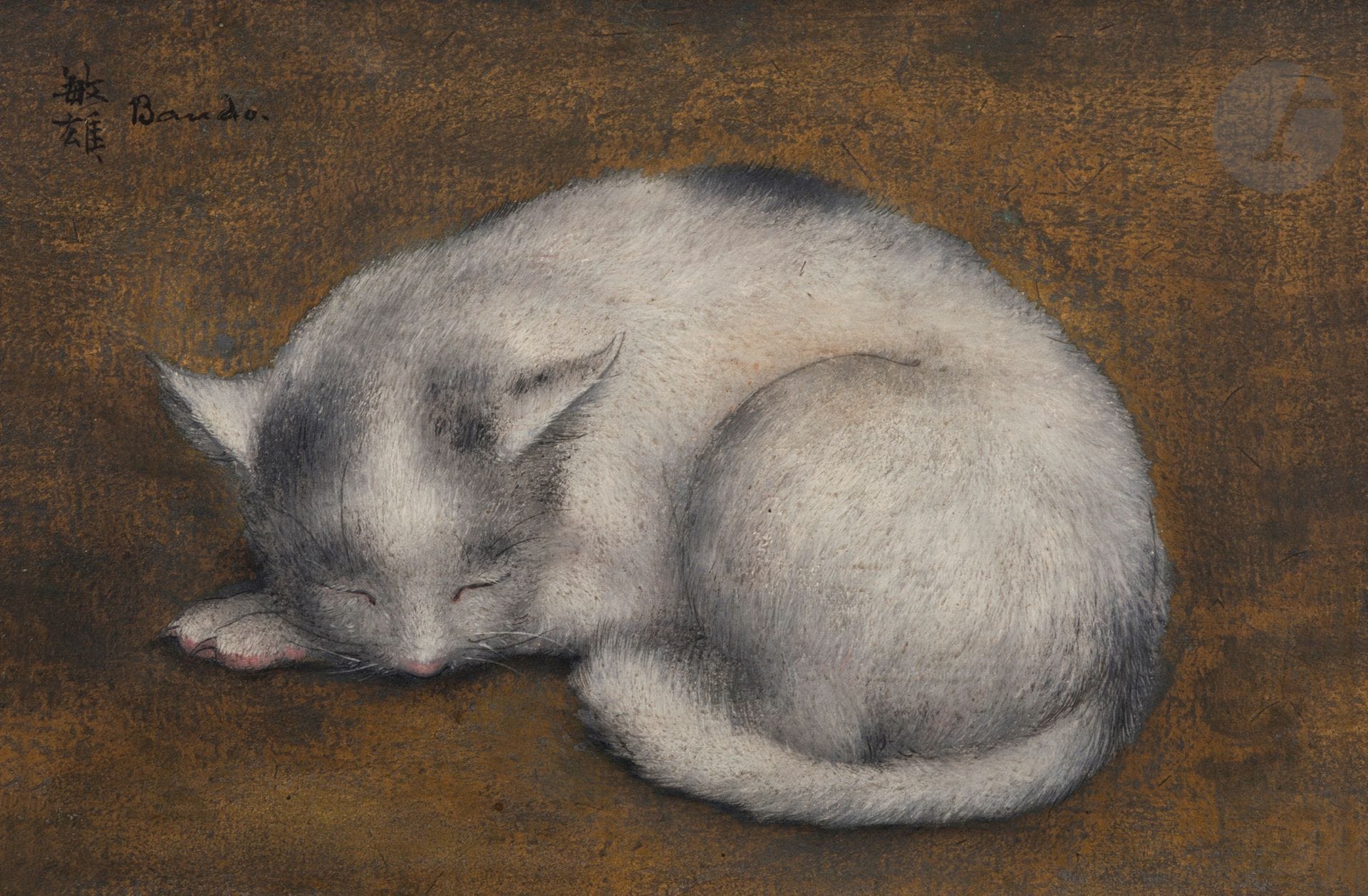 Toshio BANDO [japonais] (1895-1973)
Le Chat blanc fond or, 26 octobre 1925
Huile et feuille d'or sur toile.
Signée en haut à gauche.
16 x 24 cm

L'œuvre est référencée dans le facturier de l'artiste sous le n° 107, "Chat blanc fond or gris".