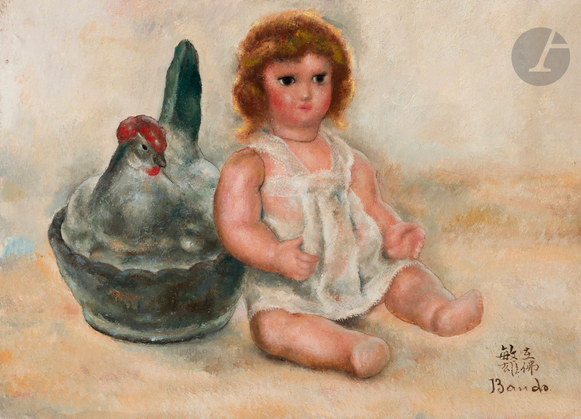 Toshio BANDO [Japanese] (1895-1973)
Doll and candy box, circa 1930-1935
Oil on canvas.
Signed lower right.
24 x 33 cm