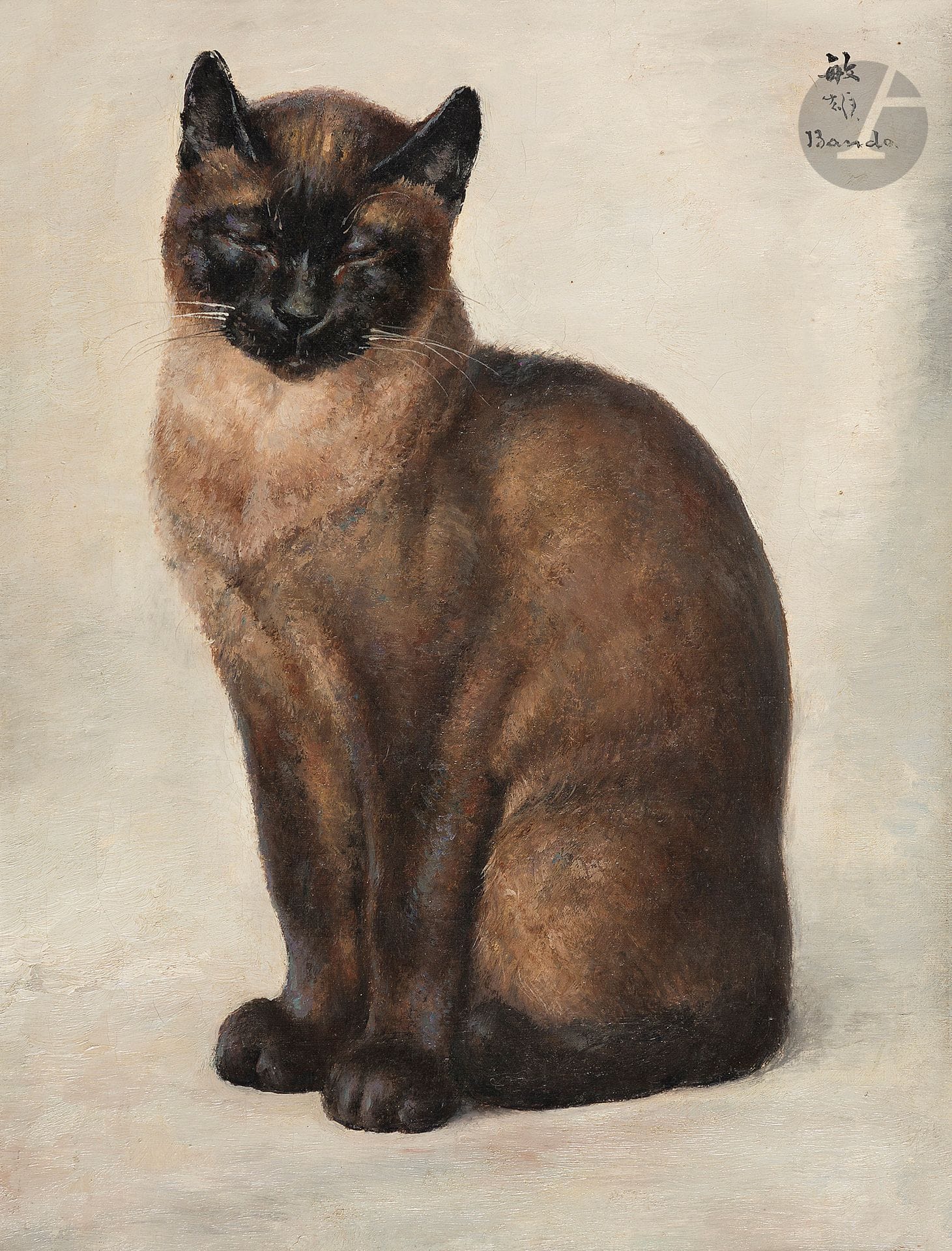 Toshio BANDO [japonais] (1895-1973)
Le Chat siamois assis, 1927
Huile sur toile.
Signée en haut à droite. 
(Craquelures).
35 x 27 cm

L'œuvre fait partie d'une série référencée dans le facturier de l'artiste sous les n° 365, 366, 367, 407 et 408.