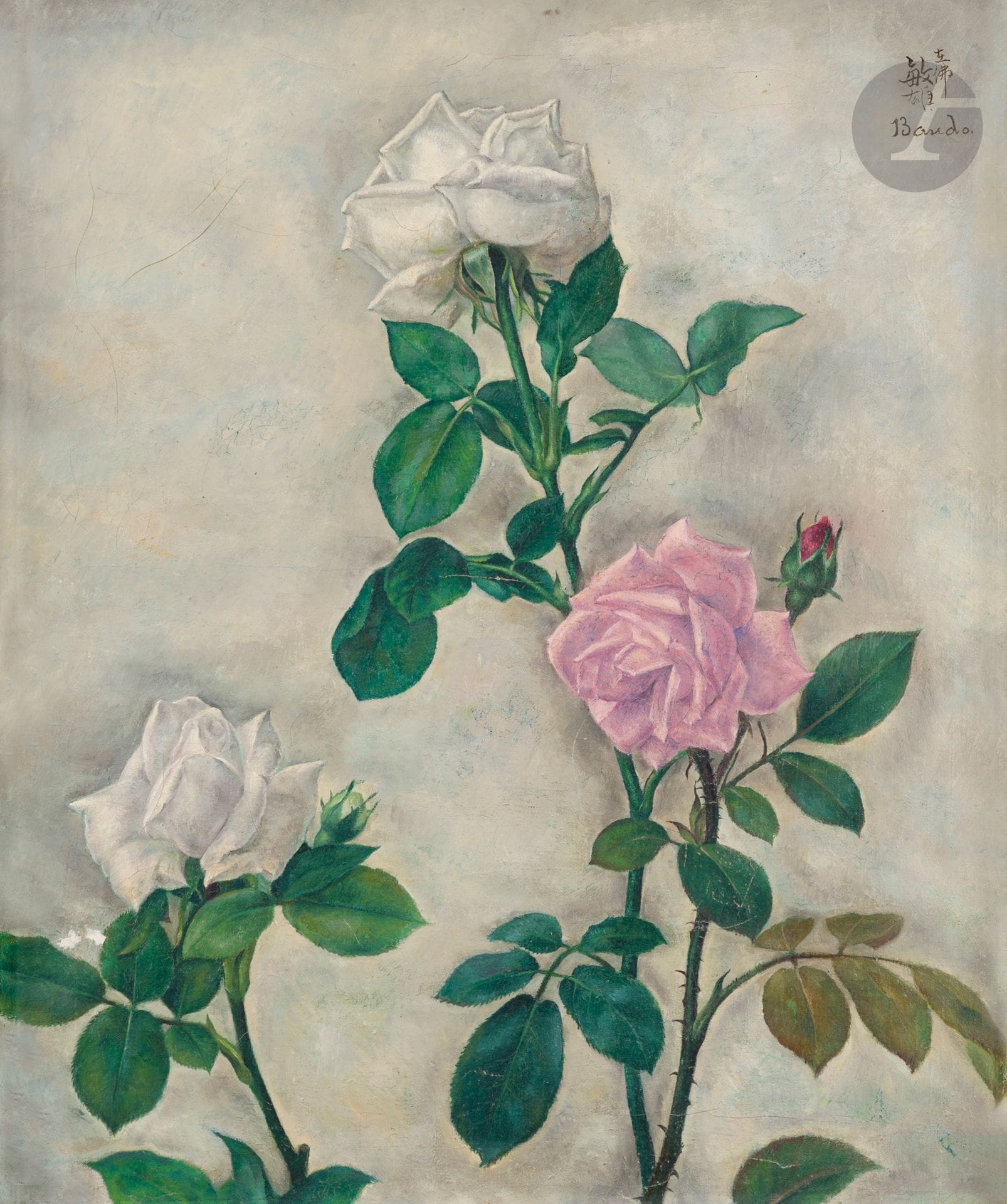Toshio BANDO [Japanese] (1895-1973)
Three roses and two buds, circa 1925-1930
Oil on canvas.
Signed upper right.
(Craquelures).
55 x 46 cm