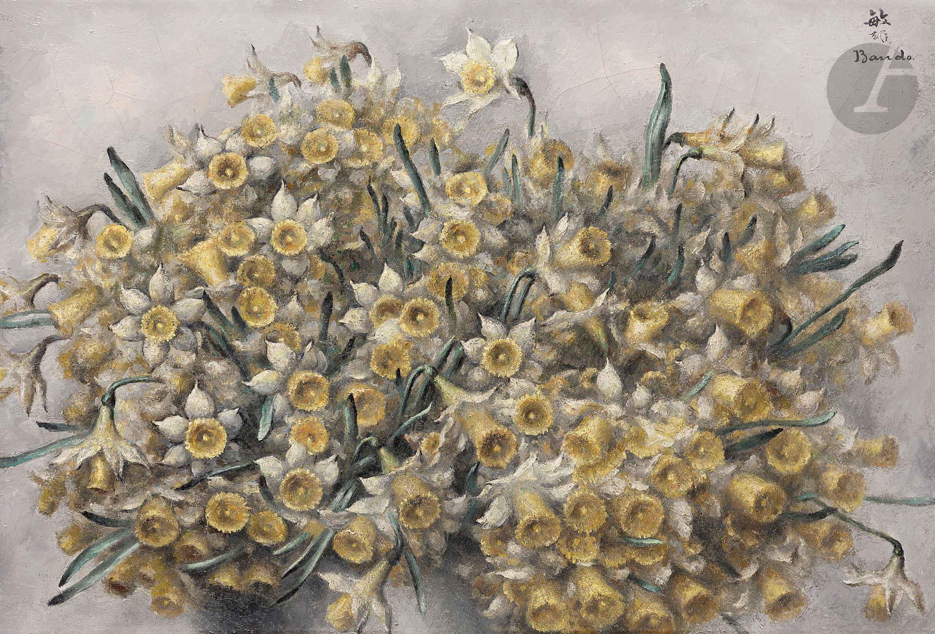 Toshio BANDO [Japanese] (1895-1973)
Still life with daffodils, 1929
Oil on canvas.
Signed upper right.
38 x 55 cm

The work is part of a series referenced in the artist's invoices under no. 820 and 822.