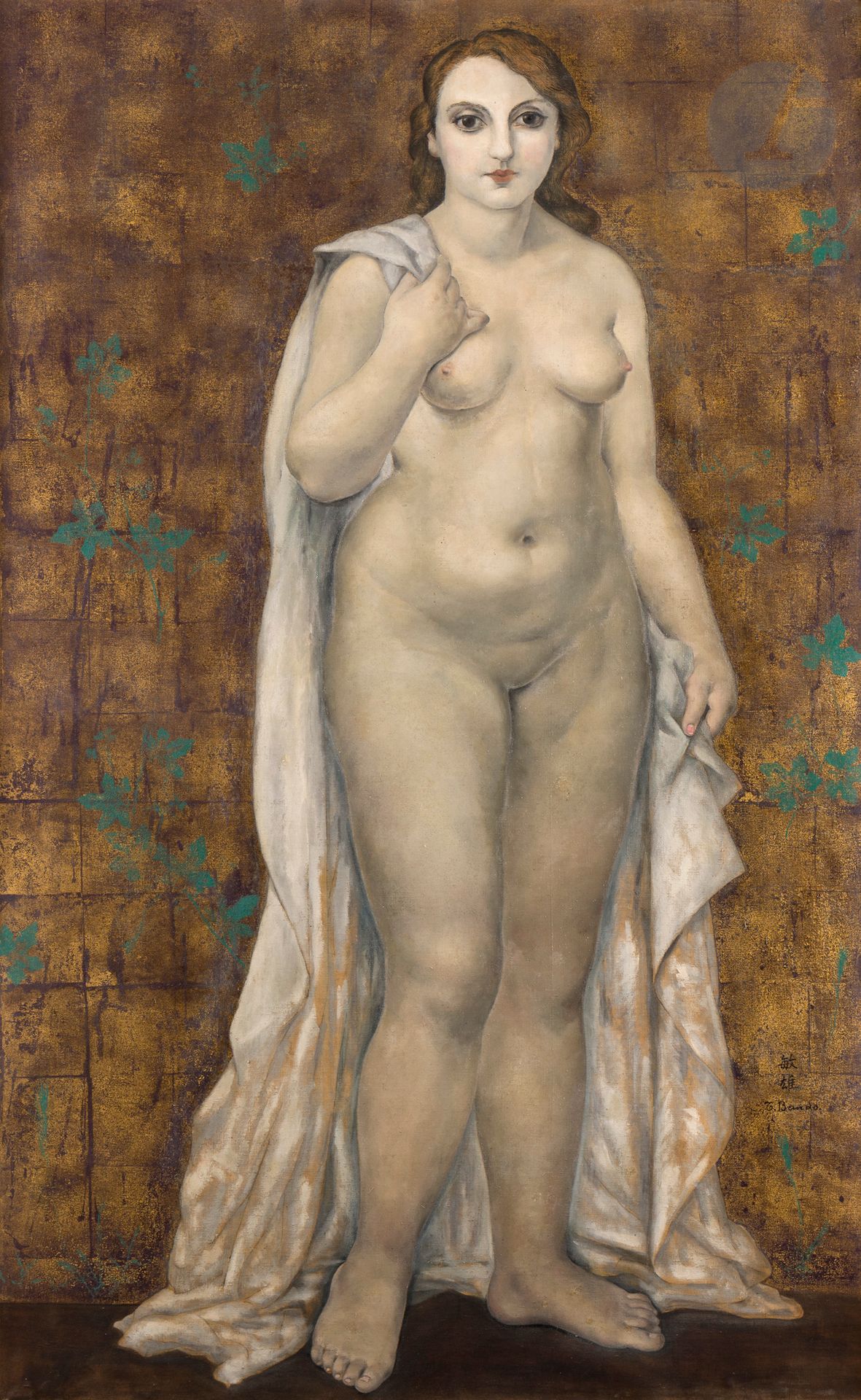 Toshio BANDO [Japanese] (1895-1973)
Large Nude (Andrée), June 22, 1924
Oil and gold leaf on canvas.
Signed lower right.
116 x 89 cm

Provenance :
Tajan sale, Hôtel Drouot, Paris, April 1, 1999, no. 107.

Exhibition: 
Léonard Foujita et Paris 1913-1931 : Le centenaire de son arrivée à Paris, Paris accueille et glorifie Foujita, traveling exhibition, Shizuoka City Museum, Kumamoto Prefectural Museum, Kita-Kyushu Municipal Museum, Kyoto, Akita Museum of Art and Okayama Prefectural Museum, April 20, 2013 - April 6, 2014, no. 119, catalog, reproduced p. 177.

The work is referenced in the artist's bill of sale under no. 8, "Grand nu debout fond d'or (Andrée)".