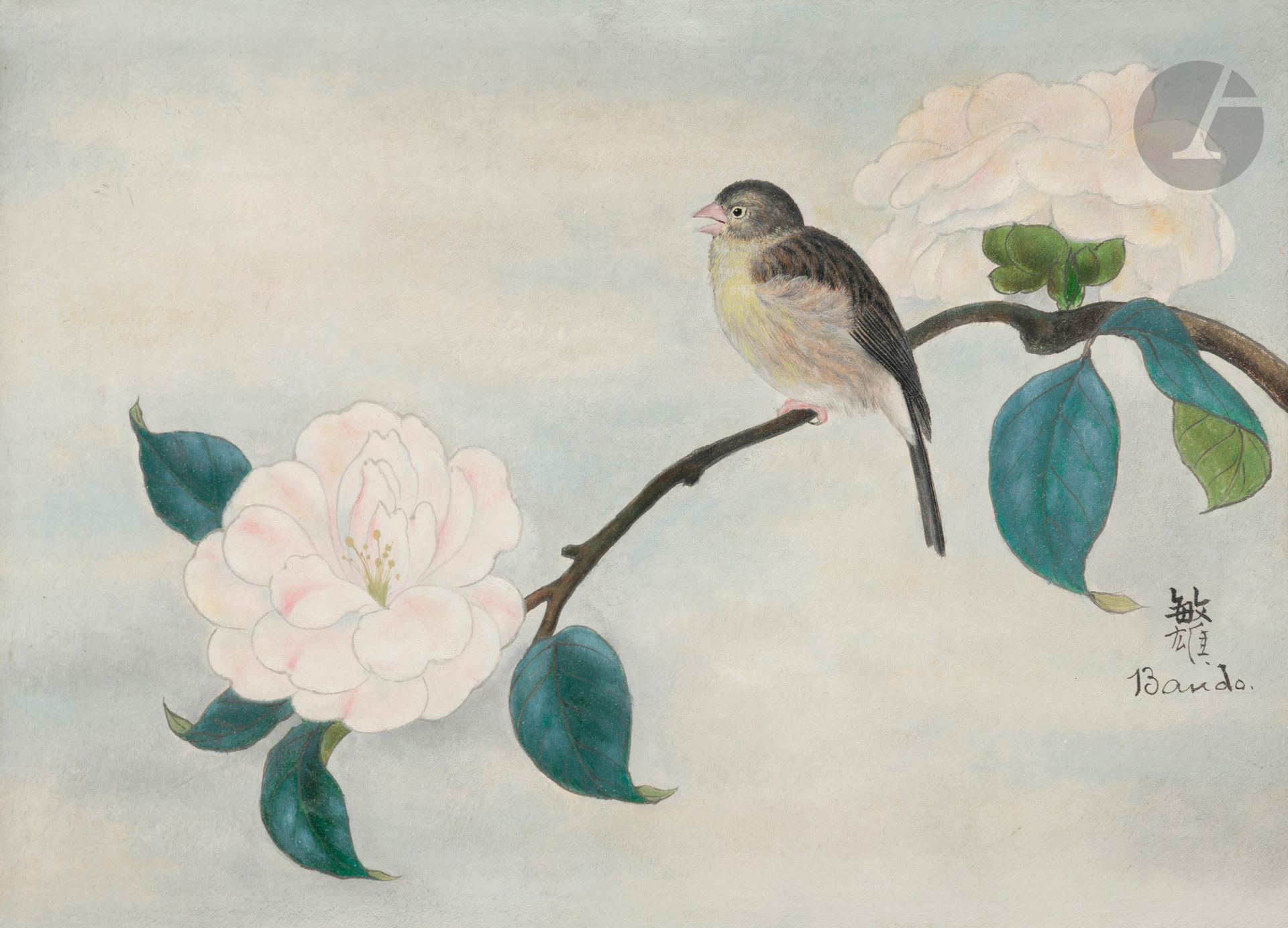 Toshio BANDO [japonais] (1895-1973)
Oiseau sur la branche, 19 novembre 1926
Huile sur toile.
Signée sur la droite.
24 x 33 cm

L'œuvre est référencée dans le facturier de l'artiste sous le n° 321, "Un Oiseau sur branche de fleurs".
