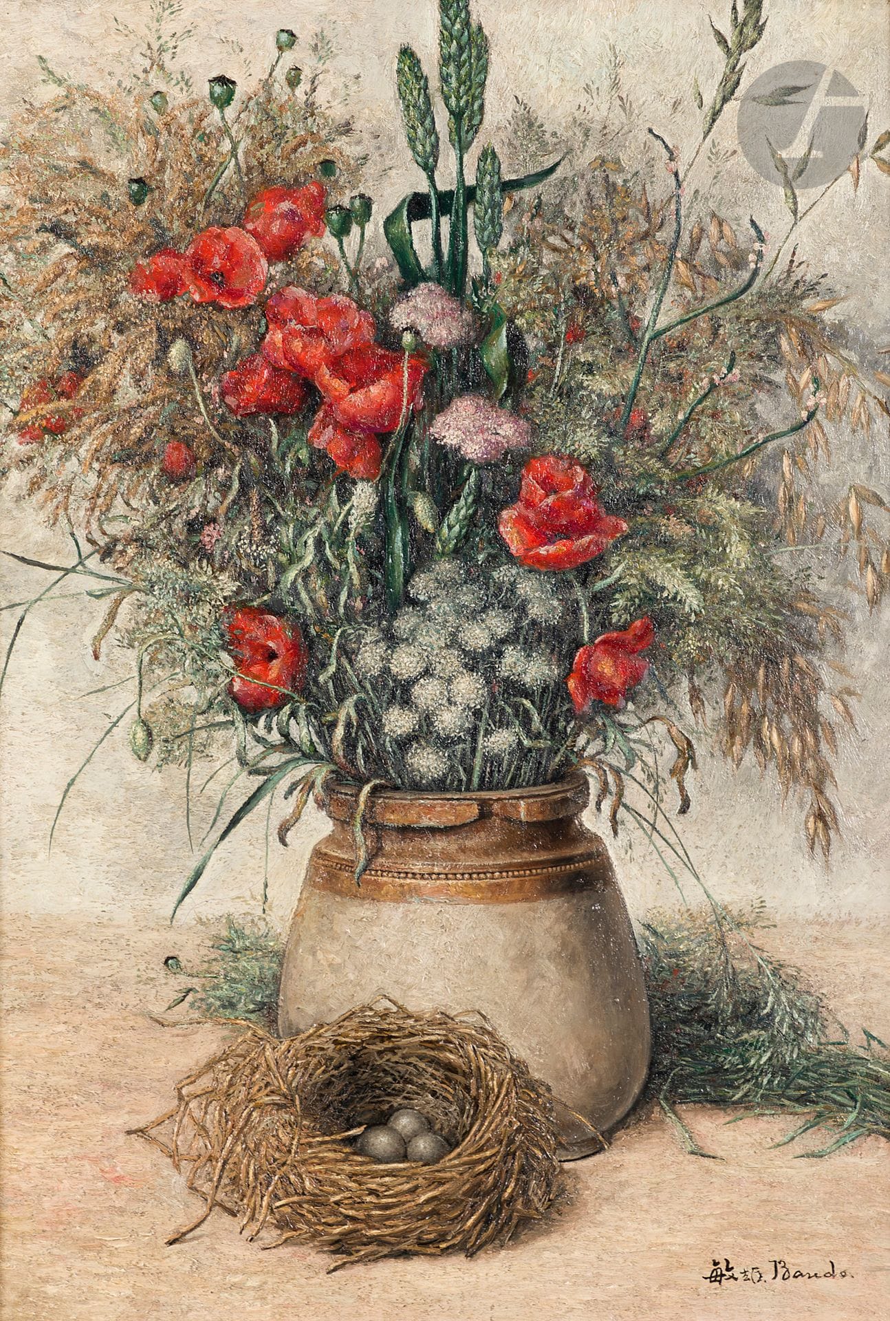 Toshio BANDO [japonais] (1895-1973)
Nid et bouquet aux coquelicots, vers 1930
Huile sur toile.
Signée en bas à droite.
55 x 38 cm

Provenance : 
Collection Morelli.