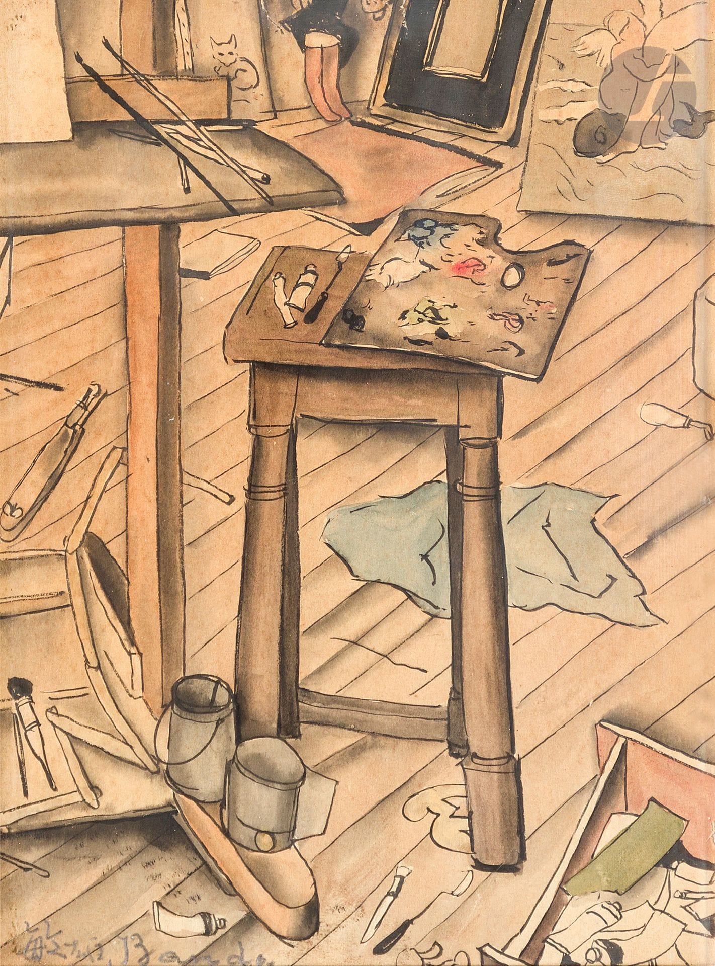 Toshio BANDO [Japanese] (1895-1973)
In the studio, ca. 1926
Watercolor and ink.
Signed lower left.
22 x 17.5 cm