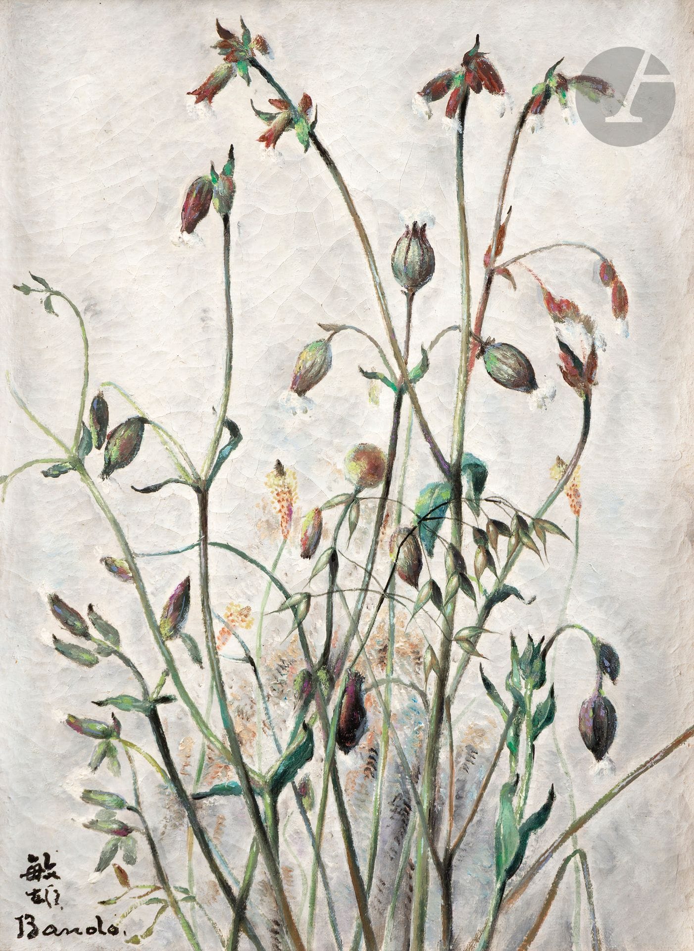 Toshio BANDO [japonais] (1895-1973)
Les Fleurs des champs, vers 1929
Huile sur toile.
Signée en bas à gauche.
(Craquelures).
33 x 24 cm

L'œuvre pourrait correspondre dans le facturier de l'artiste au n° 769.
