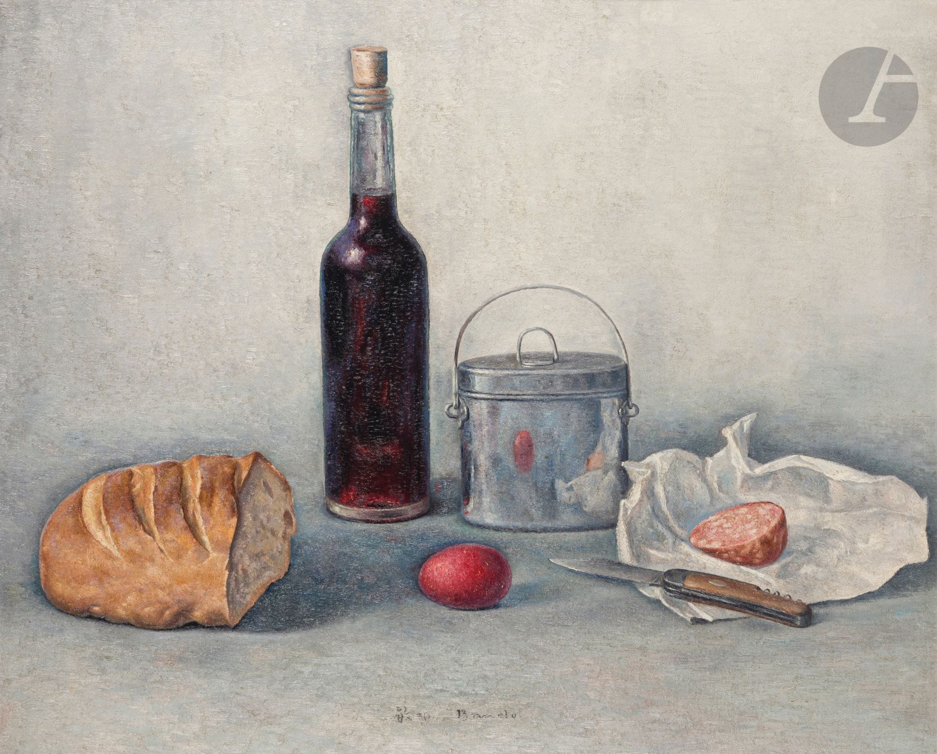 Toshio BANDO [japonais] (1895-1973)
Nature morte au pain de campagne, 17 janvier 1928
Huile sur toile.
Signée en pied.
50 x 61 cm

Provenance : 
Collection Morelli.

L'œuvre est référencée dans le facturier de l'artiste sous le n° 577, "Nature morte / gamelle et pain bouteille".