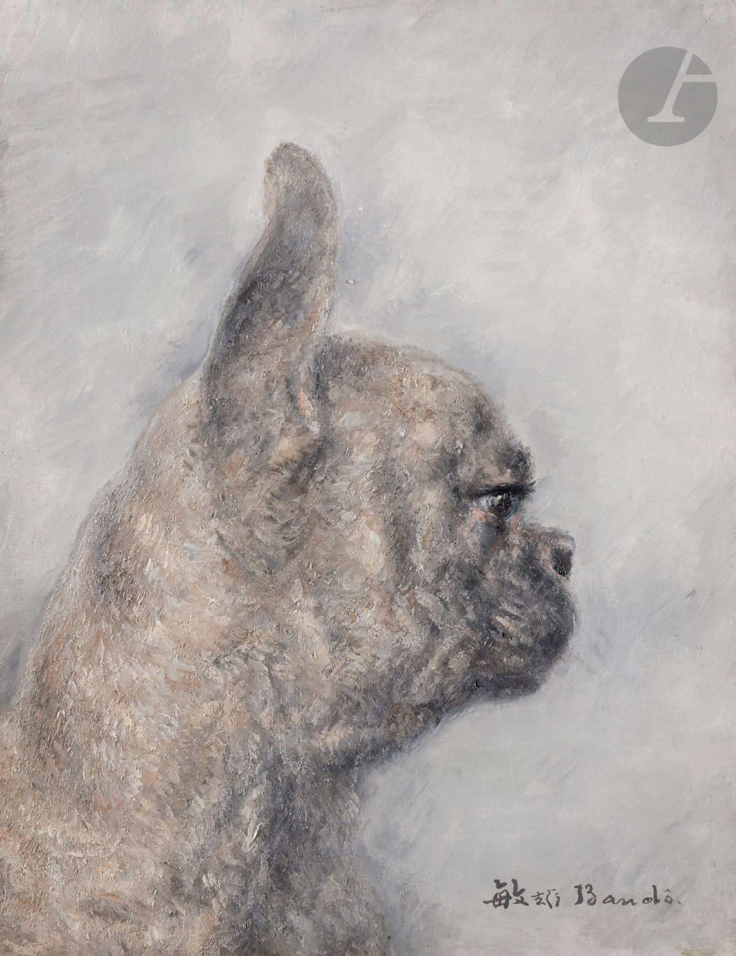 Toshio BANDO [japonais] (1895-1973)
Bouledogue de profil, 1927
Huile sur toile.
Signée en bas à droite.
35 x 27 cm

Provenance : 
- Galerie Chéron, Paris.
- Madame Bernard, directrice de la Galerie Chéron. Par succession, son fils le Docteur Jarrige.