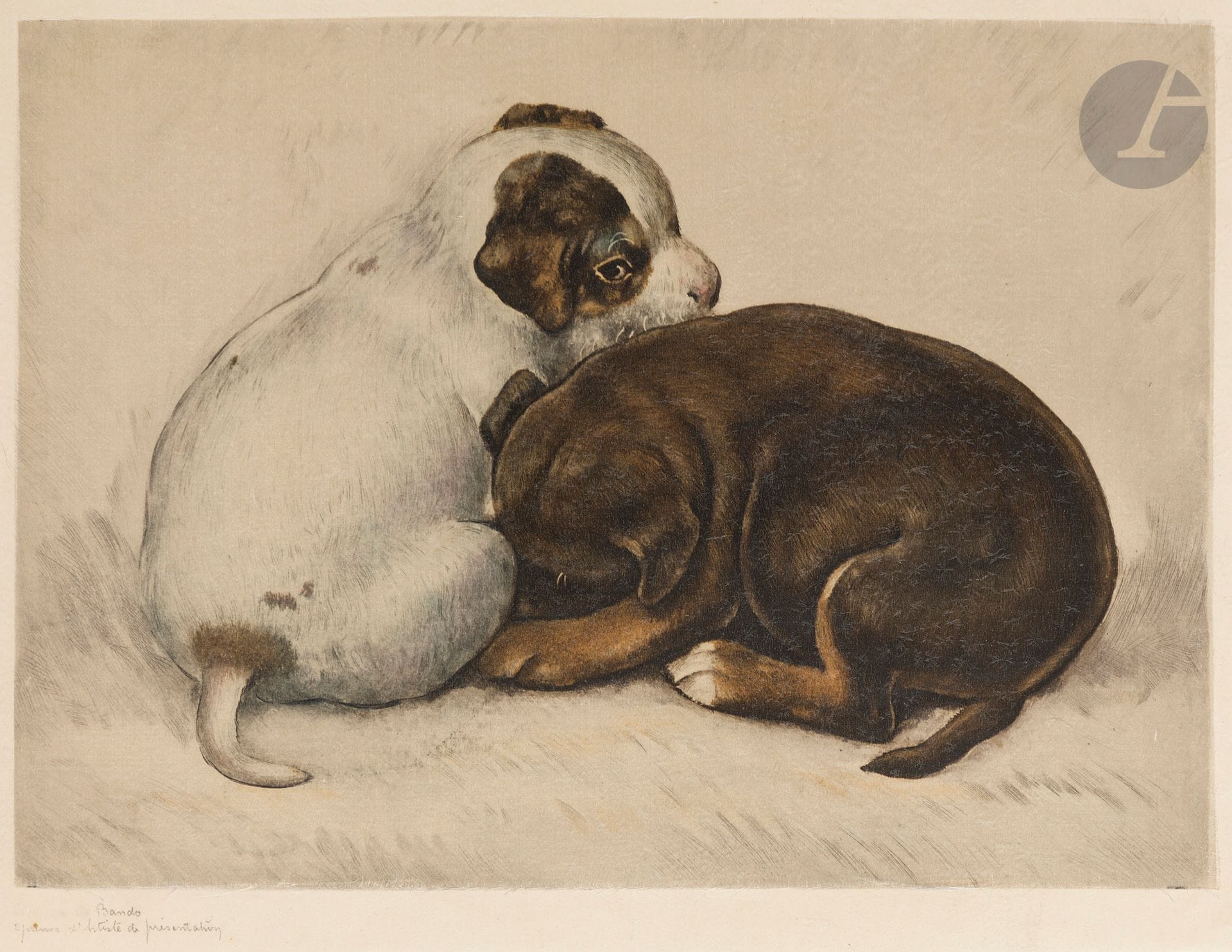 Toshio BANDO [japonais] (1895-1973)
Les Deux chiots, vers 1926-1930
Épreuve en couleur sur soie appliquée sur japon fort.
Signée et annotée "Épreuve d'artiste de présentation" en bas à gauche. 
Éditions Apollo, Paris.
28 x 36 cm