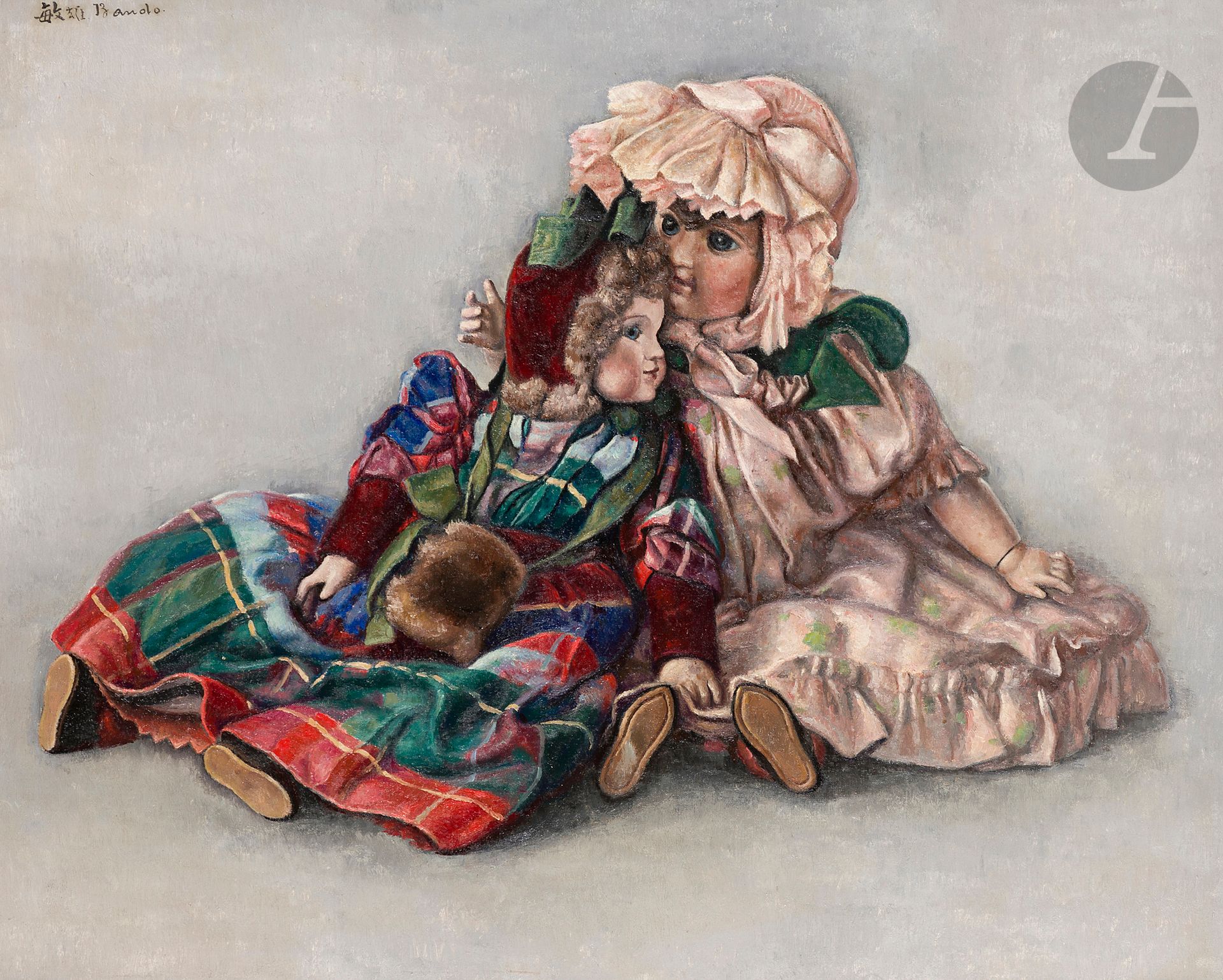 Toshio BANDO [japonais] (1895-1973)
Poupées, les deux amies, vers 1925-1930
Huile sur toile.
Signée en haut à gauche.
(Restauration).
50 x 61 cm