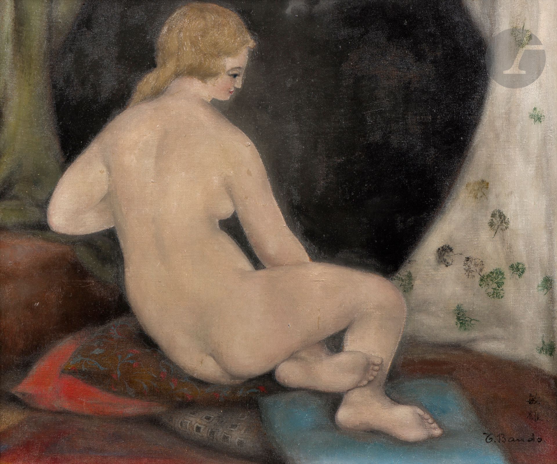 Toshio BANDO [japonais] (1895-1973)
Nu aux coussins, 26 janvier 1925
Huile sur toile.
Signée en bas à droite.
33 x 41 cm

Provenance :
- Probable vente Me Bellier, Hôtel Drouot, Paris, 6-7 juillet 1928, n° 96.
- Vente Ader, Hôtel Drouot, Paris, 18 mai 2016, n° 136.

L'œuvre est référencée dans le facturier de l'artiste sous le n° 57, "Nu petit dos sur coussins".