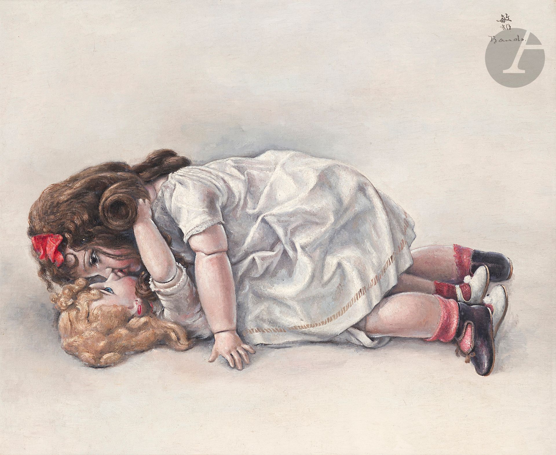 Toshio BANDO [japonais] (1895-1973)
Les Deux poupées, février 1927
Huile sur toile.
Signée en haut à droite.
46 x 56 cm

L'œuvre fait partie d'une série référencée dans le facturier de l'artiste sous les n° 370 et 373.