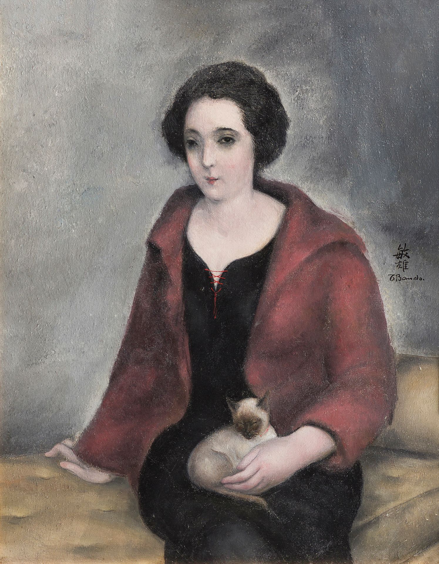 Toshio BANDO [Japanese] (1895-1973)
Woman in red tunic with Siamese cat, 1926
Oil on canvas.
Signed on the right.
41 x 33 cm

The work may correspond to n° 82, "Femme au chat habillée Mongeot", in the artist's billbill.