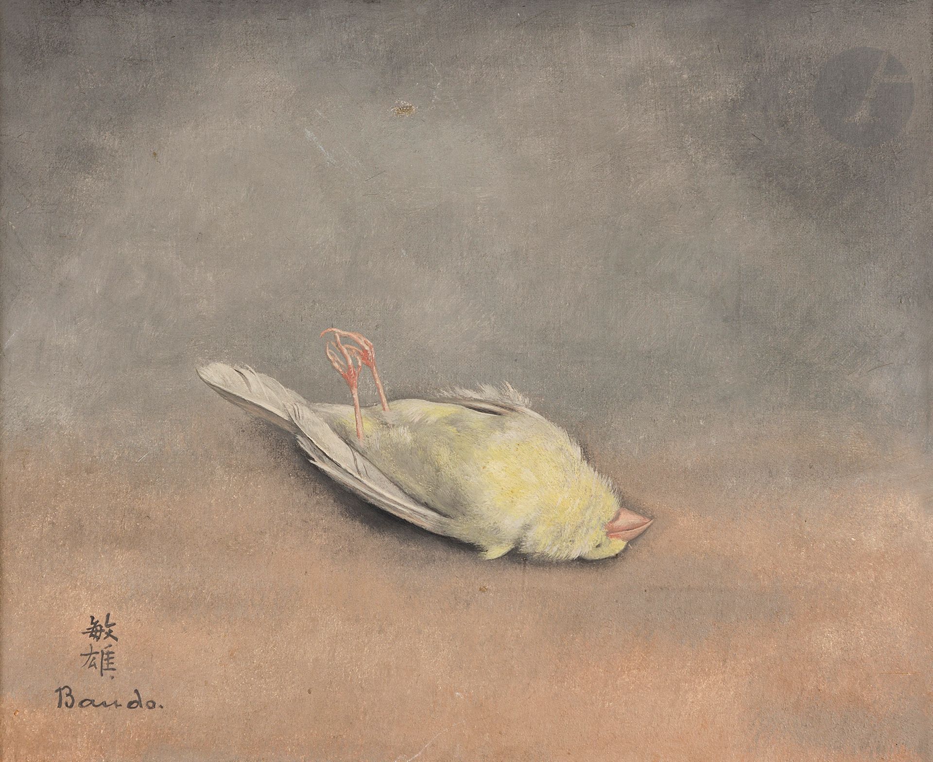 Toshio BANDO [japonais] (1895-1973)
Le Serin, 1926-1929
Huile sur toile.
Signée en bas à gauche. 
(Petite restauration dans la partie supérieure vers le centre).
22,5 x 28 cm

L'œuvre fait partie d'une série référencée dans le facturier de l'artiste sous les n° 142, 143, 163, 772 et 773, "Serin mort".