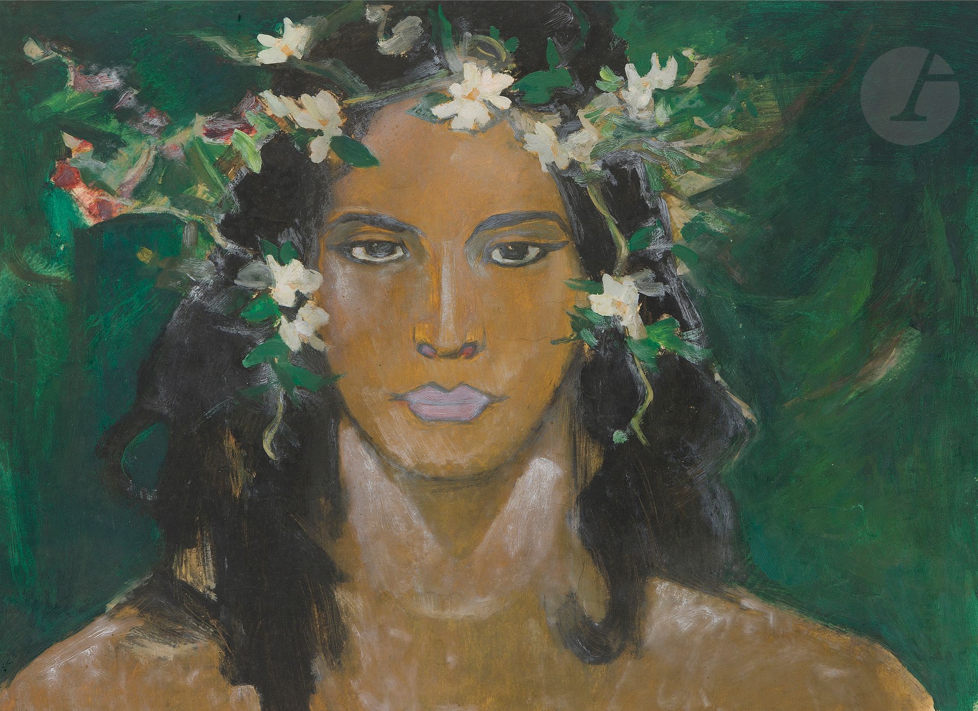 Henri DELUERMOZ (1876-1943) 
Portrait de femme de face 
Gouache sur traits de crayon. 
54 x 75 cm 
(Pliures).

Projet d'illustration pour le Livre de la Jungle de Rudyard Kipling, édité par Creuzevault en 1941, l'illustration reproduite page 243 du Second Livre de la Jungle.