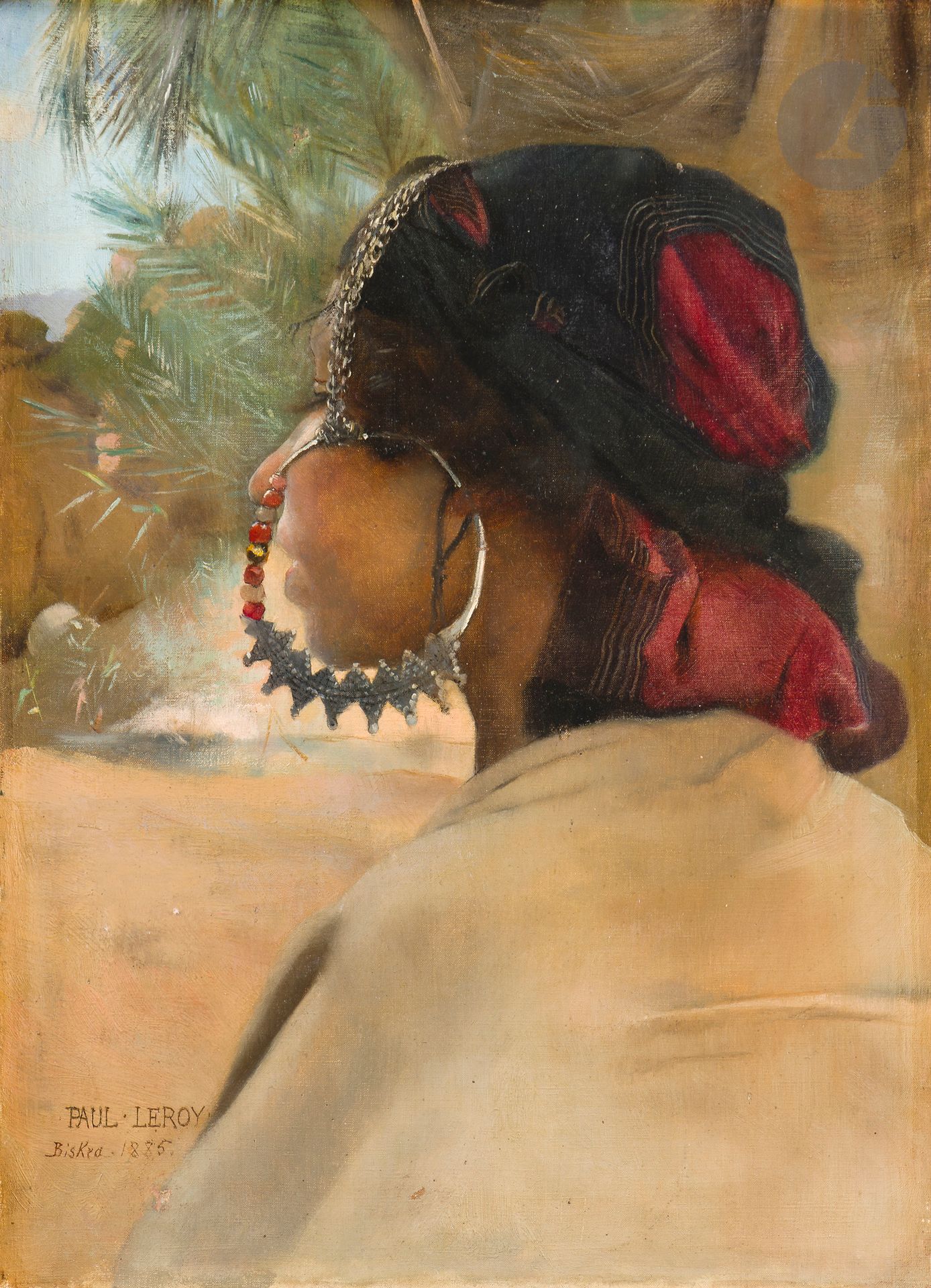 Paul Alexandre Alfred LEROY (1860-1942) 
Young woman from Biskra, 1885 
Oil on canvas. 
Signed, dated and located lower left. 
46.5 x 33.1 cm 
(Small accident at upper left). 
  
Provenance : 
Charles Hayem Collection, wax stamp on frame.