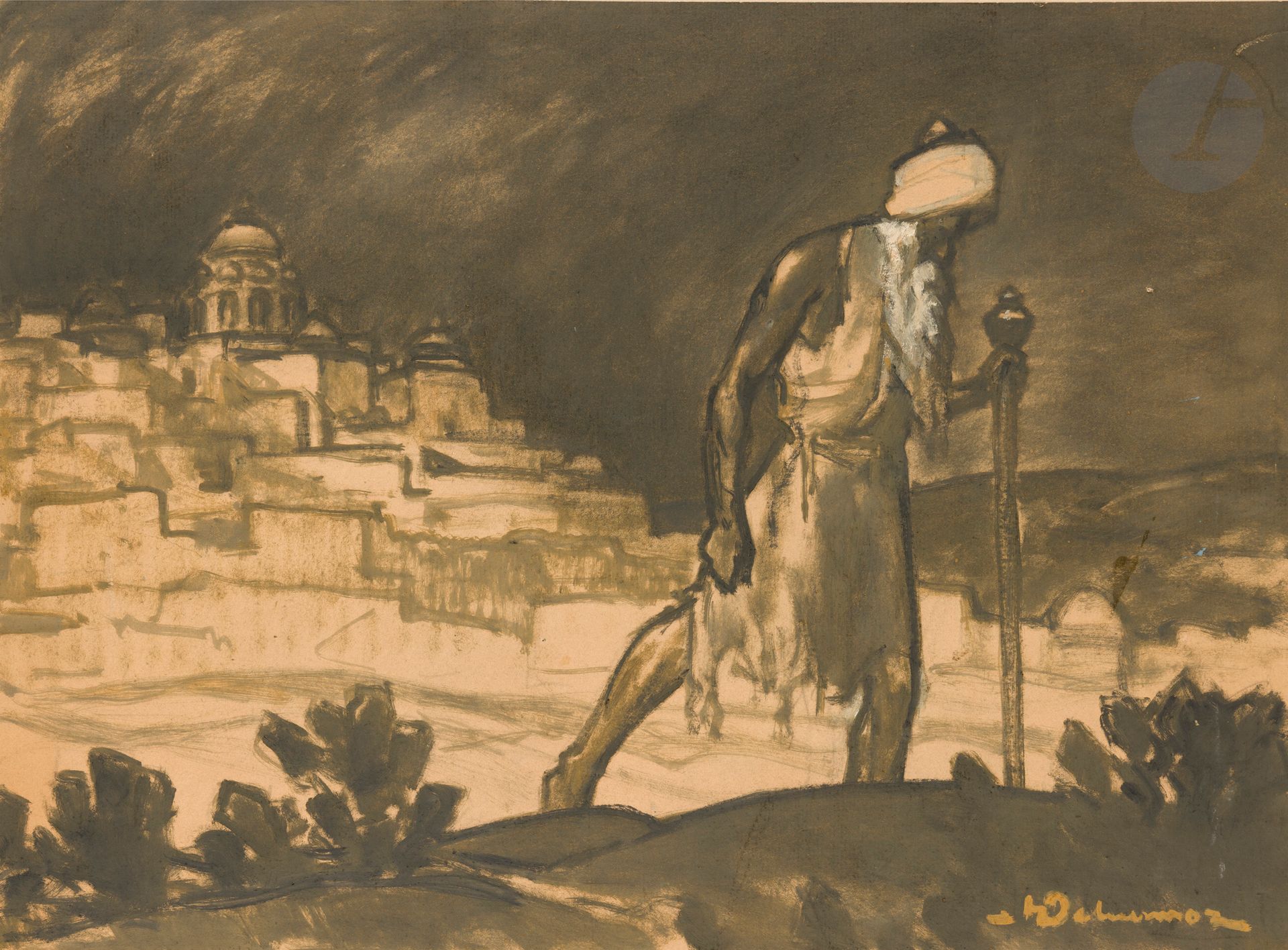 Henri DELUERMOZ (1876-1943) 
Pilgrim leaving a city 
Gouache. 
Signed lower right. 
57 x 73 cm 
(Stains and scratches, mounted on cardboard).

Illustration project for Rudyard Kipling's The Jungle Book, published by Creuzevault in 1941, the illustration reproduced on page 47 of The Second Jungle Book.